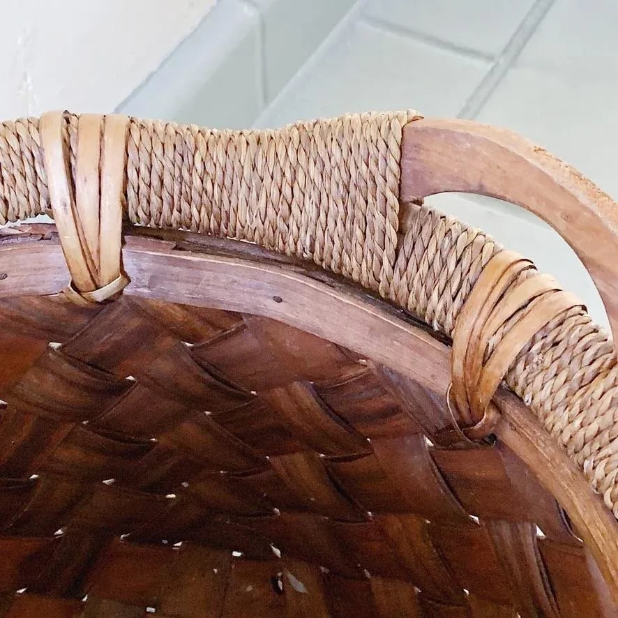 Vintage Woven Reed and Twine Wood Basket With Handles - 2