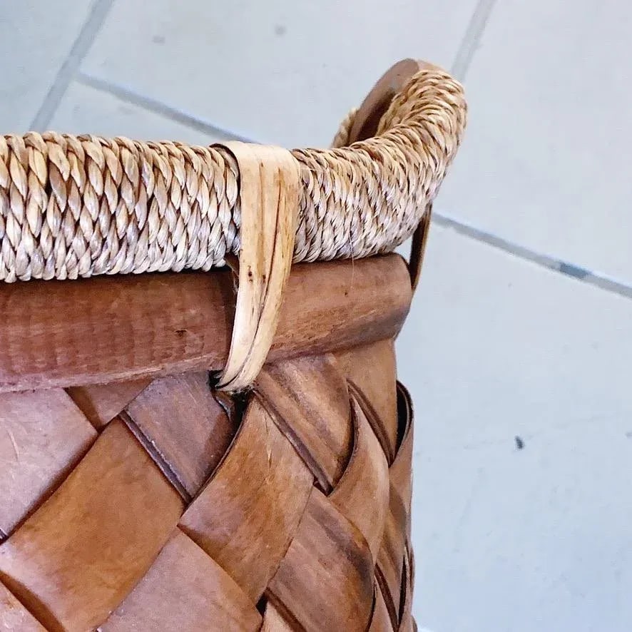 Vintage Woven Reed and Twine Wood Basket With Handles - 3