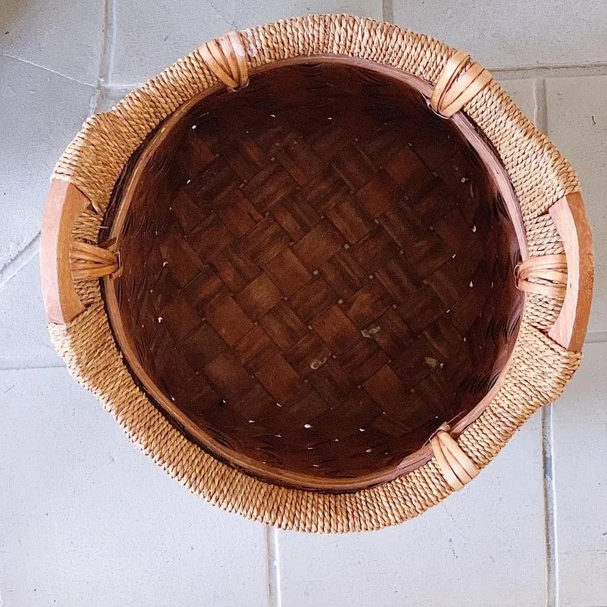 Vintage Woven Reed and Twine Wood Basket With Handles - 5