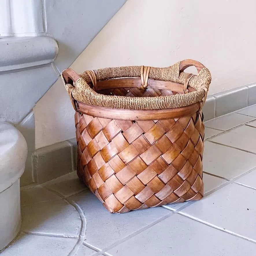 Vintage Woven Reed and Twine Wood Basket With Handles - 6
