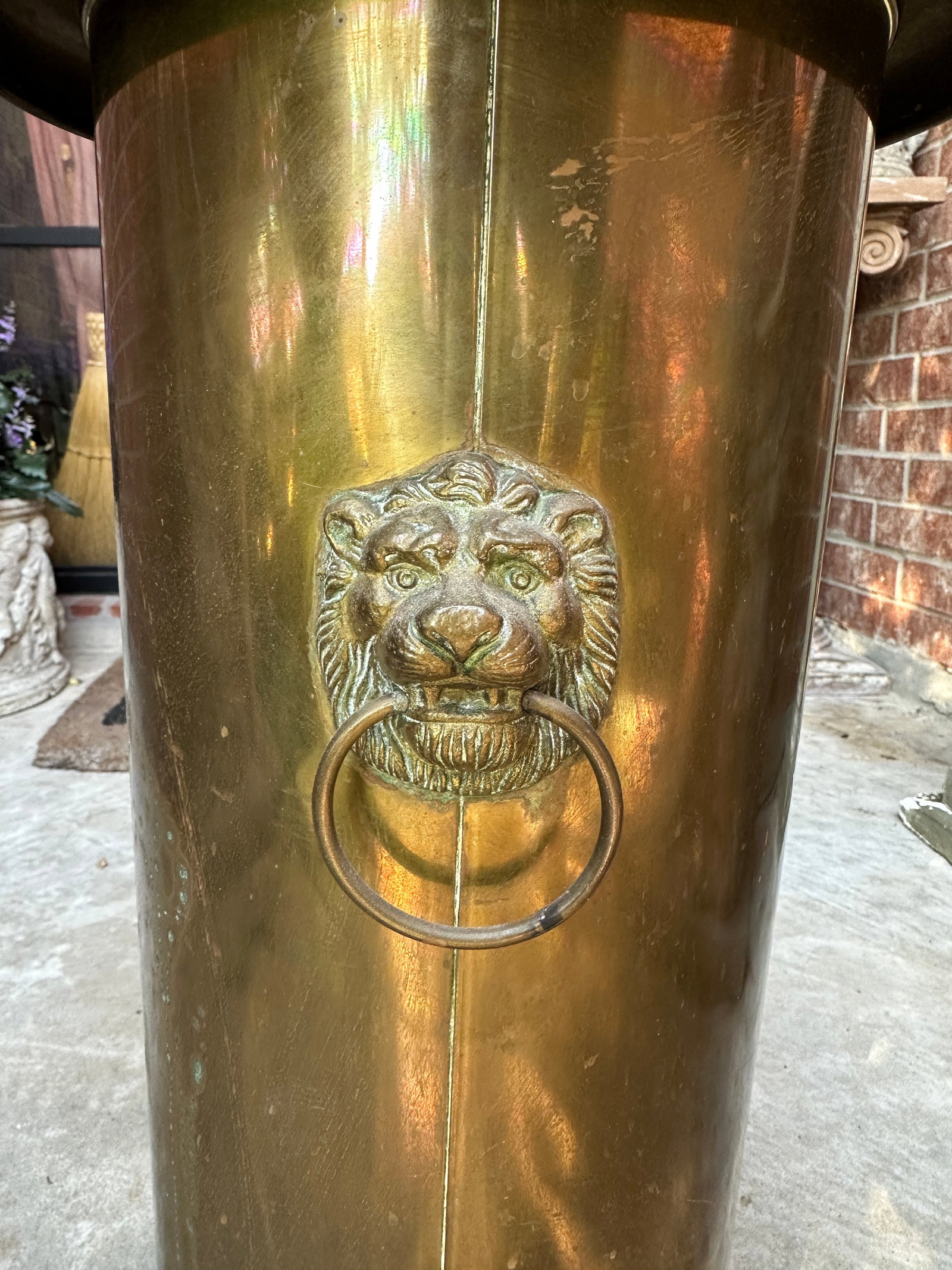 Antique Brass Lion Double Ring Handled Umbrella Stand - 8