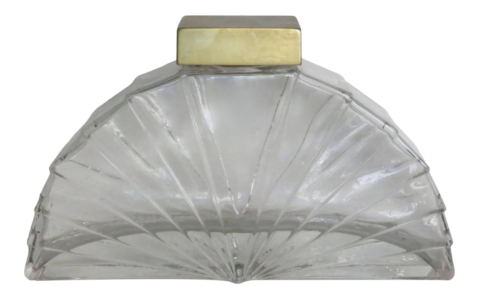 Karl Lagerfeld Perfume Factice Bottle: Vintage Karl Lagerfeld KL perfume oversize factice bottle made from molded glass created in the shape of a fan. The square cap is fashioned from brass over metal with a plastic cork. The original