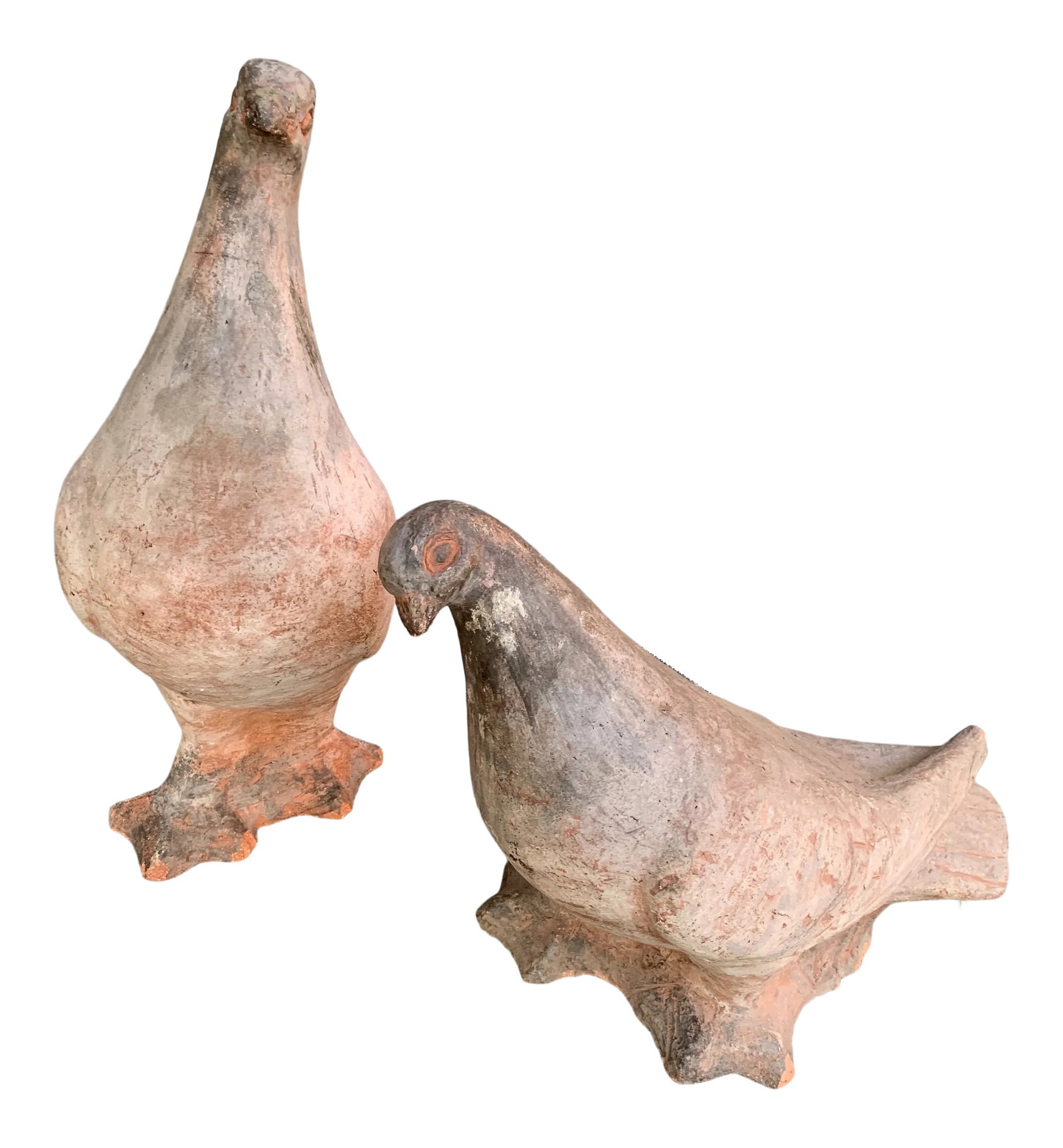 Mid 20th Century Decorative Terra Cotta Pigeon Set - Set of 2: This pair of sweet birds will look at home in any style house. Crafted of simple materials, each pigeon is in her own unique pose. Condition: Alterations: Original Condition Unaltered Imperfections:
