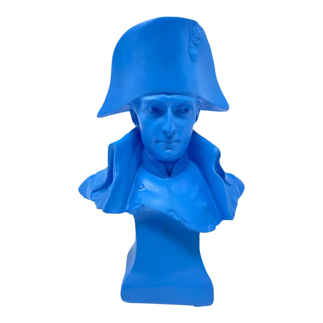 Blue Hand-Painted Bust Sculpture of Emperor Napoleon Bonaparte: This is a modern reproduction of the classic 1840 bust of Emperor Napoleon Bonaparte, by French sculptor, Jean-Auguste Barre. It is made of bonded marble resin, and has been hand-painted and sealed