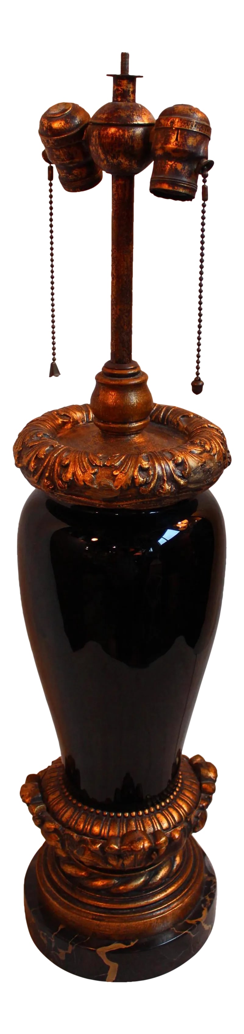 Vintage Black Porcelain Urn Lamp: Circa 1920 porcelain, gilt-wood and marble urn lamp. Minor losses to gilt-wood. Condition: Alterations: Original Condition Unaltered Imperfections: Some Imperfections Condition Notes: Excellent -