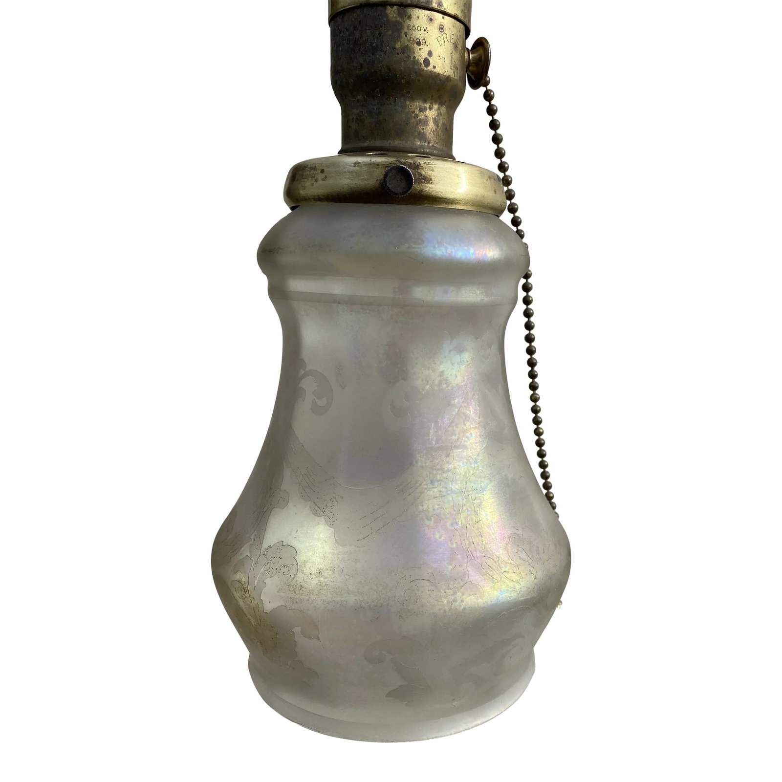 Vintage Brass Hanging Fixture With Vintage Etched Glass Shade: Old Lights On is pleased to offer this vintage brass hanging fixture with etched iridescent glass shade. Rewired and ready to install. Original preserved patina. We ship everywhere. Follow us on