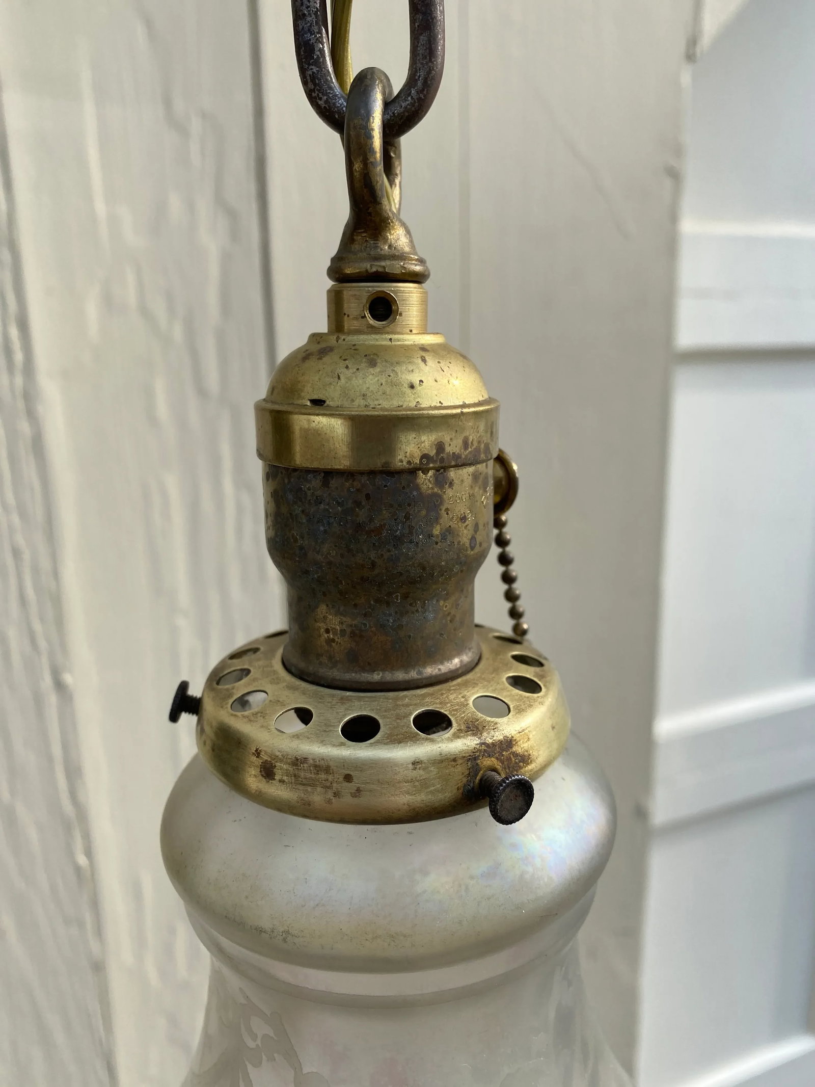 Vintage Brass Hanging Fixture With Vintage Etched Glass Shade - 2