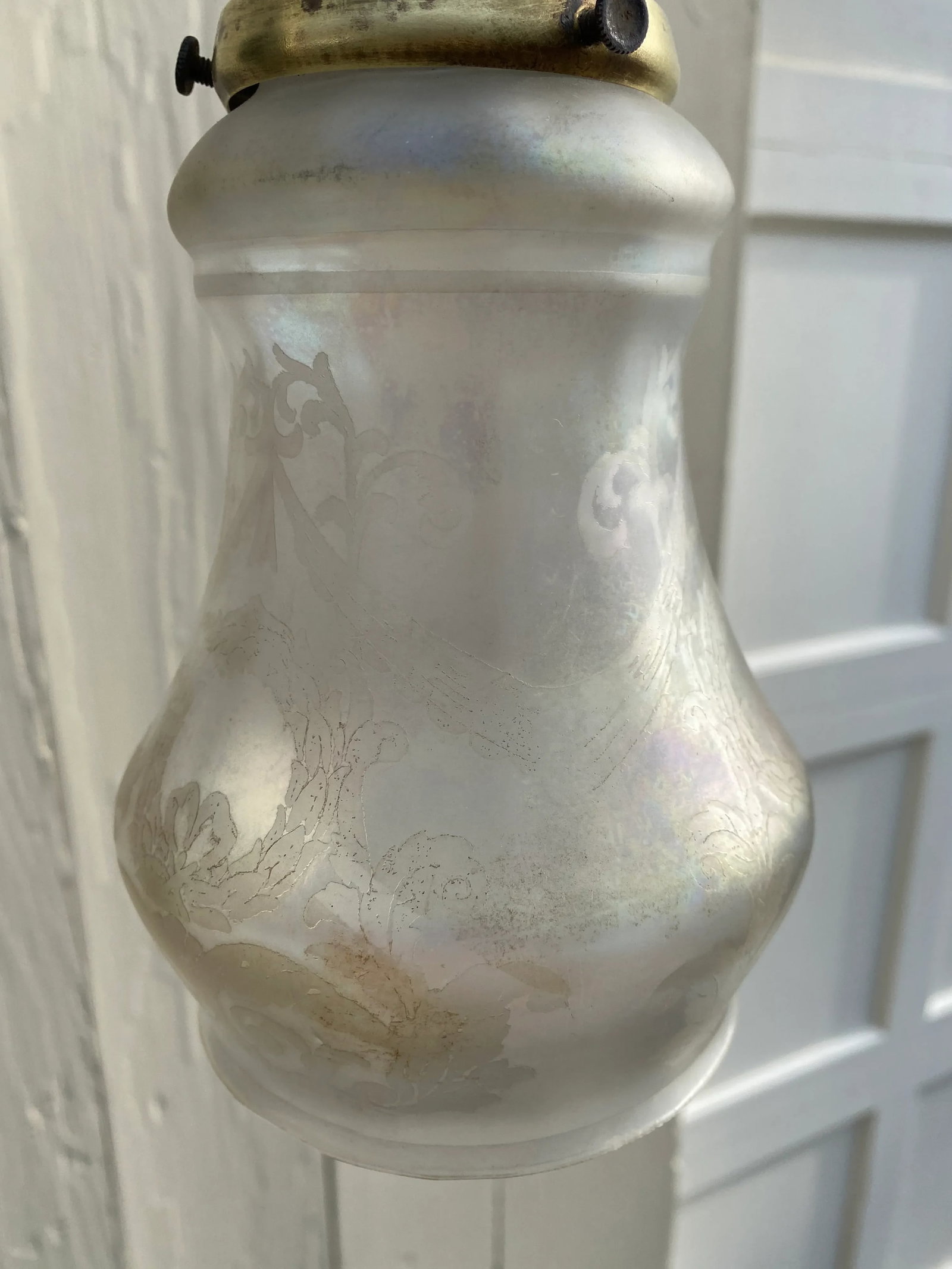 Vintage Brass Hanging Fixture With Vintage Etched Glass Shade - 3