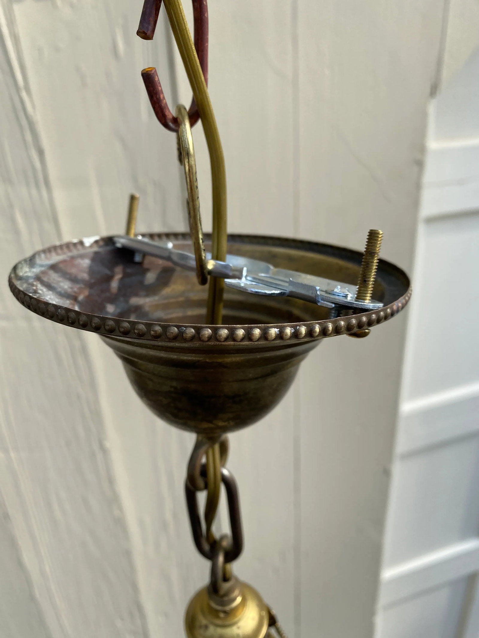 Vintage Brass Hanging Fixture With Vintage Etched Glass Shade - 5