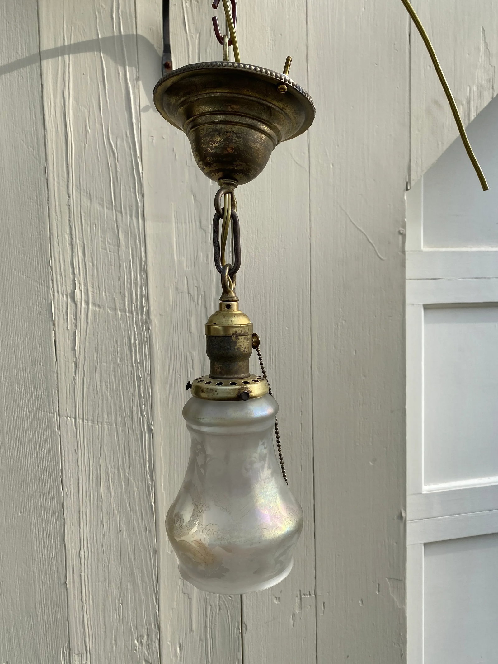 Vintage Brass Hanging Fixture With Vintage Etched Glass Shade - 6