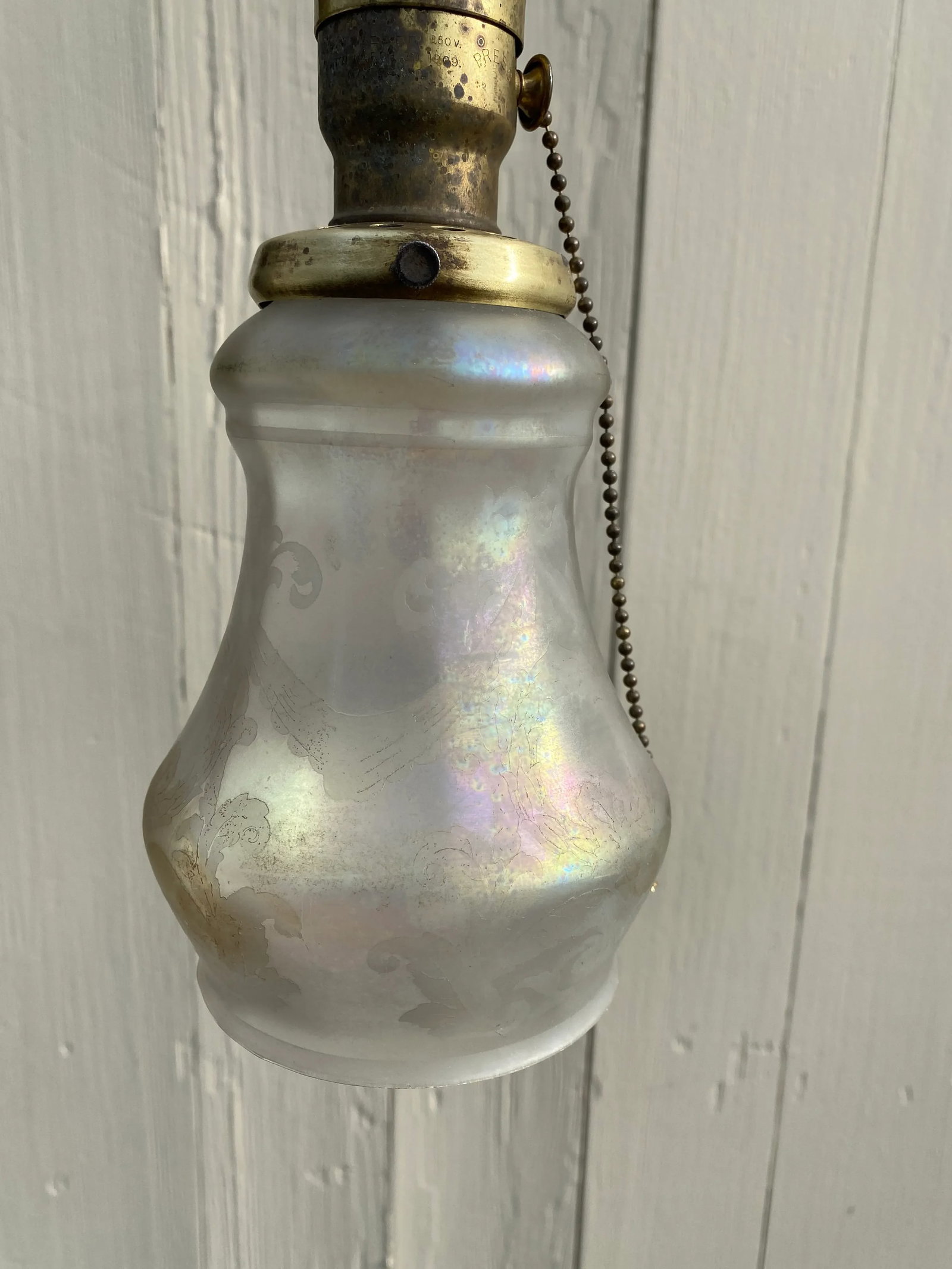Vintage Brass Hanging Fixture With Vintage Etched Glass Shade - 7