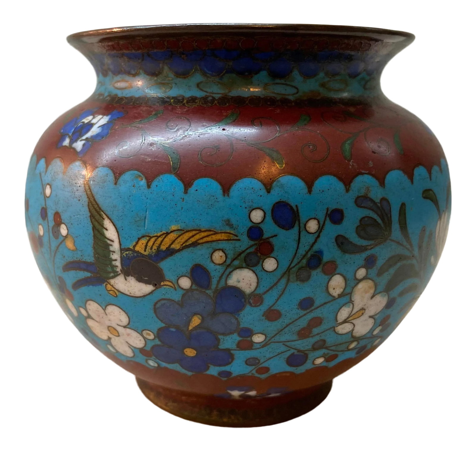 Antique Chinese Cloisonne Brush Pot: 19th century Chinese cloisonne and enamel brush pot. It has a bird flying among blossoms. There are many beautiful and bright colors, ie. turquoise, Royal blue, Chinese red, green, canary yellow,