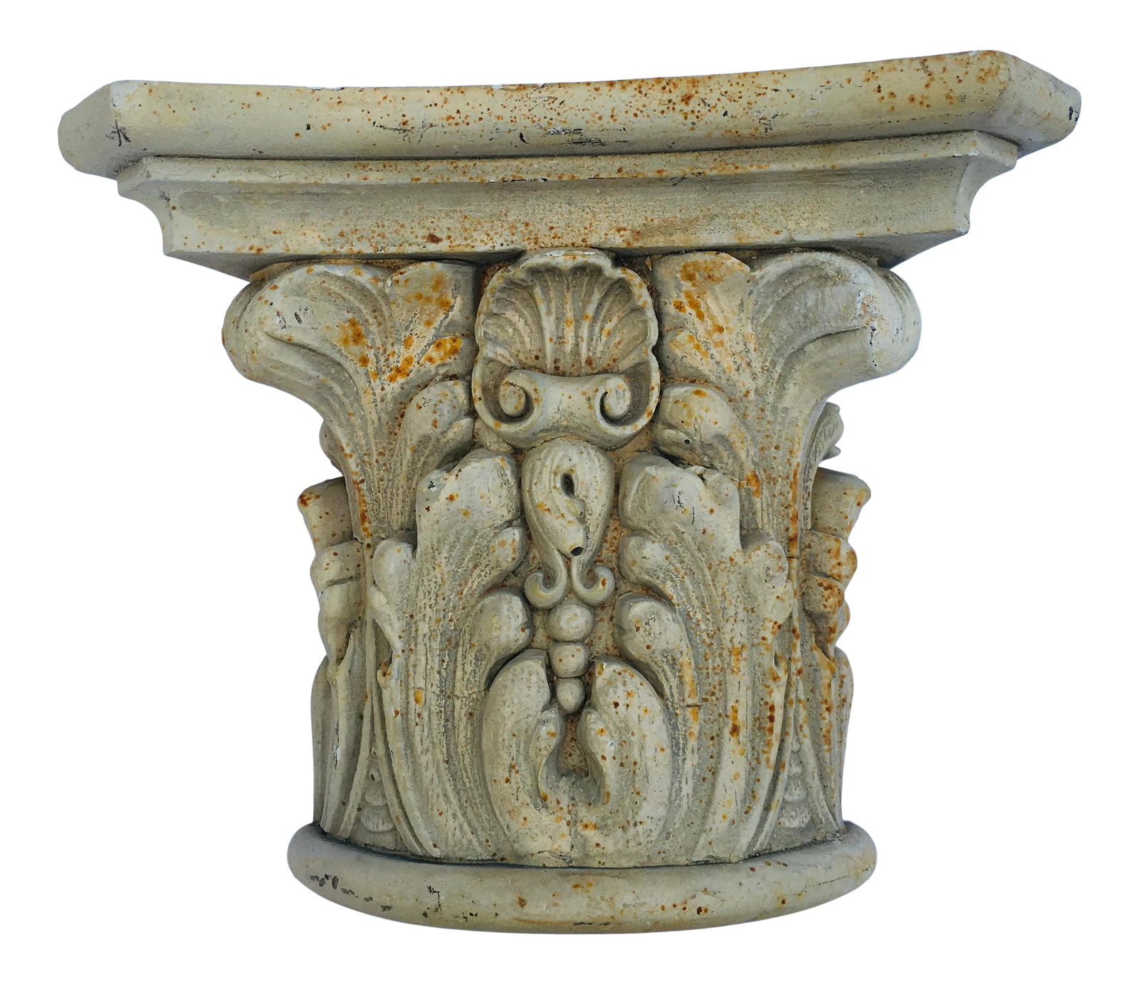 1980s Corinthian Style Capital Wall Bracket: This wall bracket is cast in architectural plaster It is signed 1988 Faroy, Inc The finish creates a very antique feel Depth 4 inches Height 8 inches Width 10 inches Condition: Alterations: Original