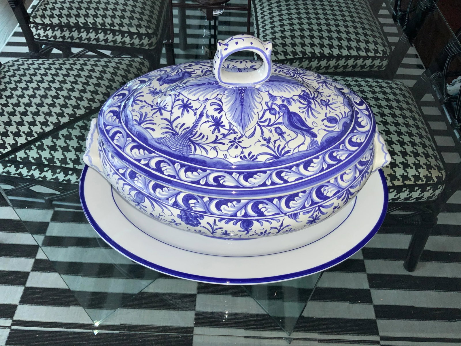 1980s Handmade Blue and White Covered Dish and Under Plate- 2 Pieces - 2