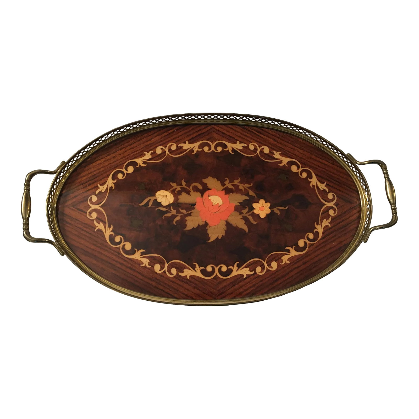 1970s Italian Oval Floral Inlay Tray: This Italian floral inlay tray has a very detailed inlay pattern The pierced brass gallery and handles Are original to the tray Excellent condition Condition: Alterations: Original Condition