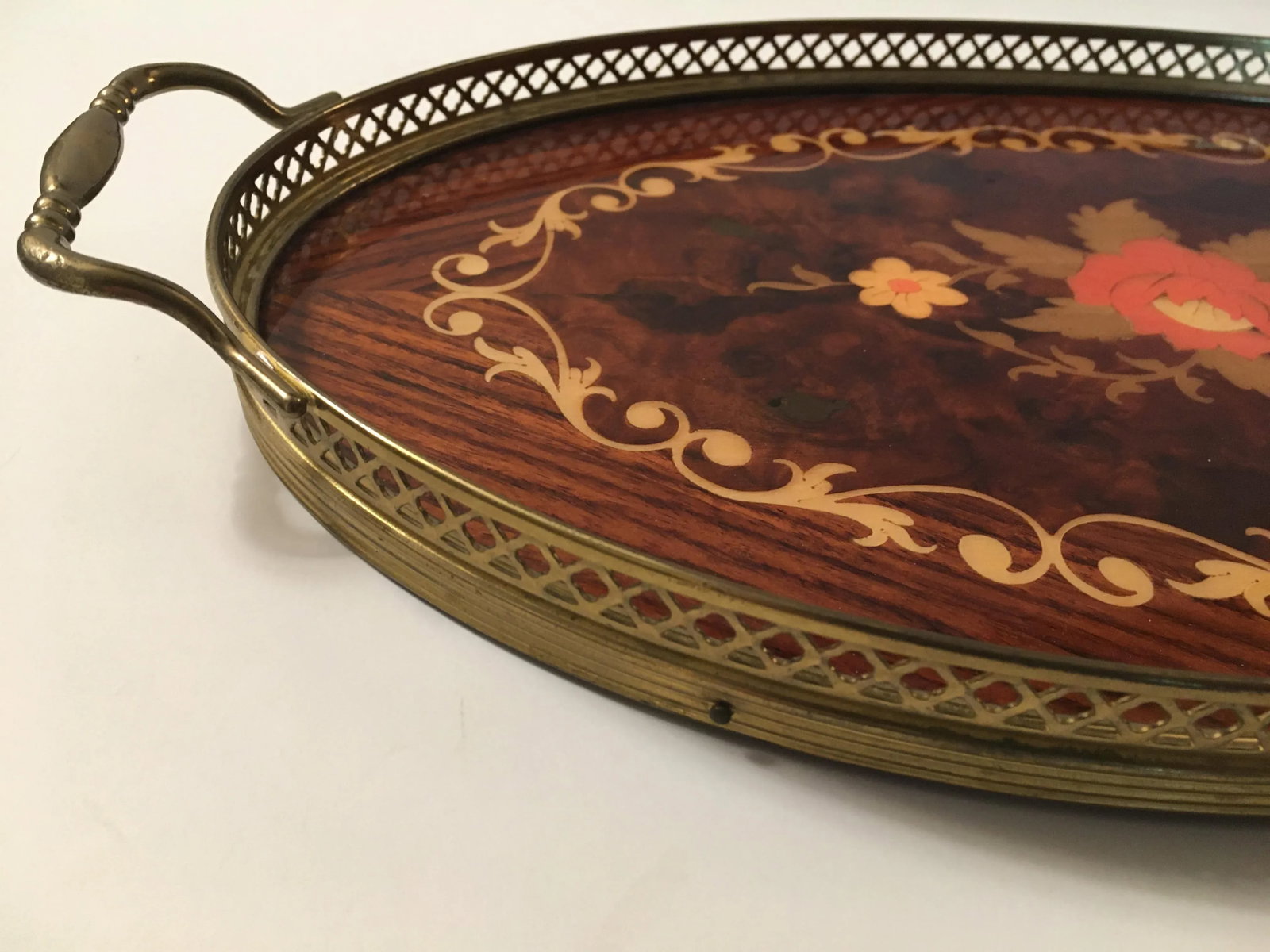 1970s Italian Oval Floral Inlay Tray - 5