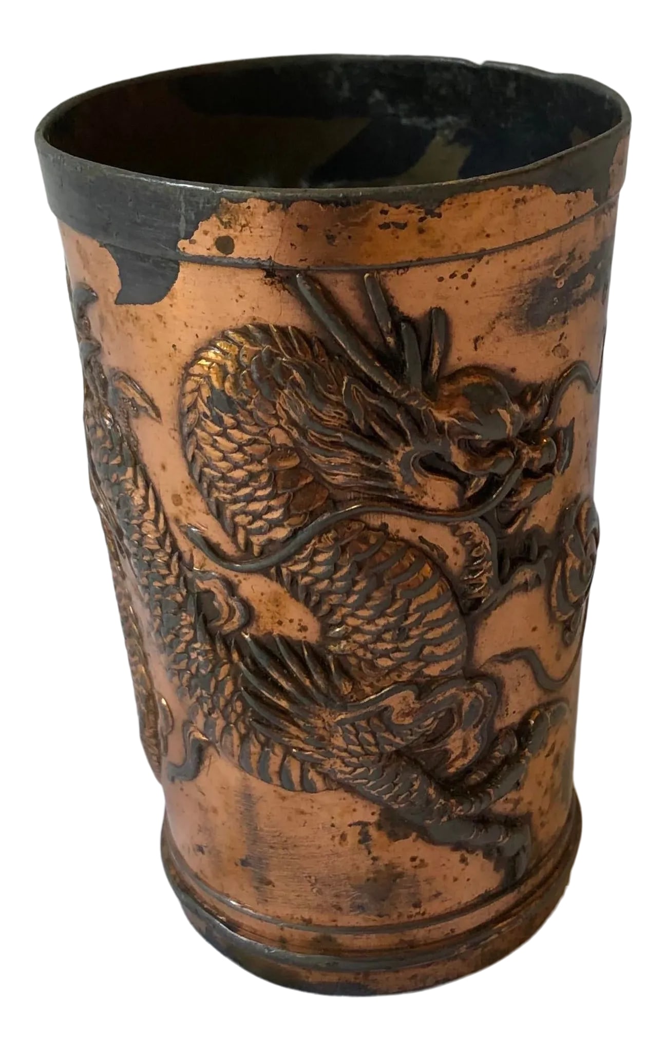 Vintage Japanese Dragon Cup: Vintage Japanese dragon cup with a copper plated surface. Condition: Alterations: Original Condition Unaltered Imperfections: Some Imperfections Condition Notes: Oxidation and metal wear Materials