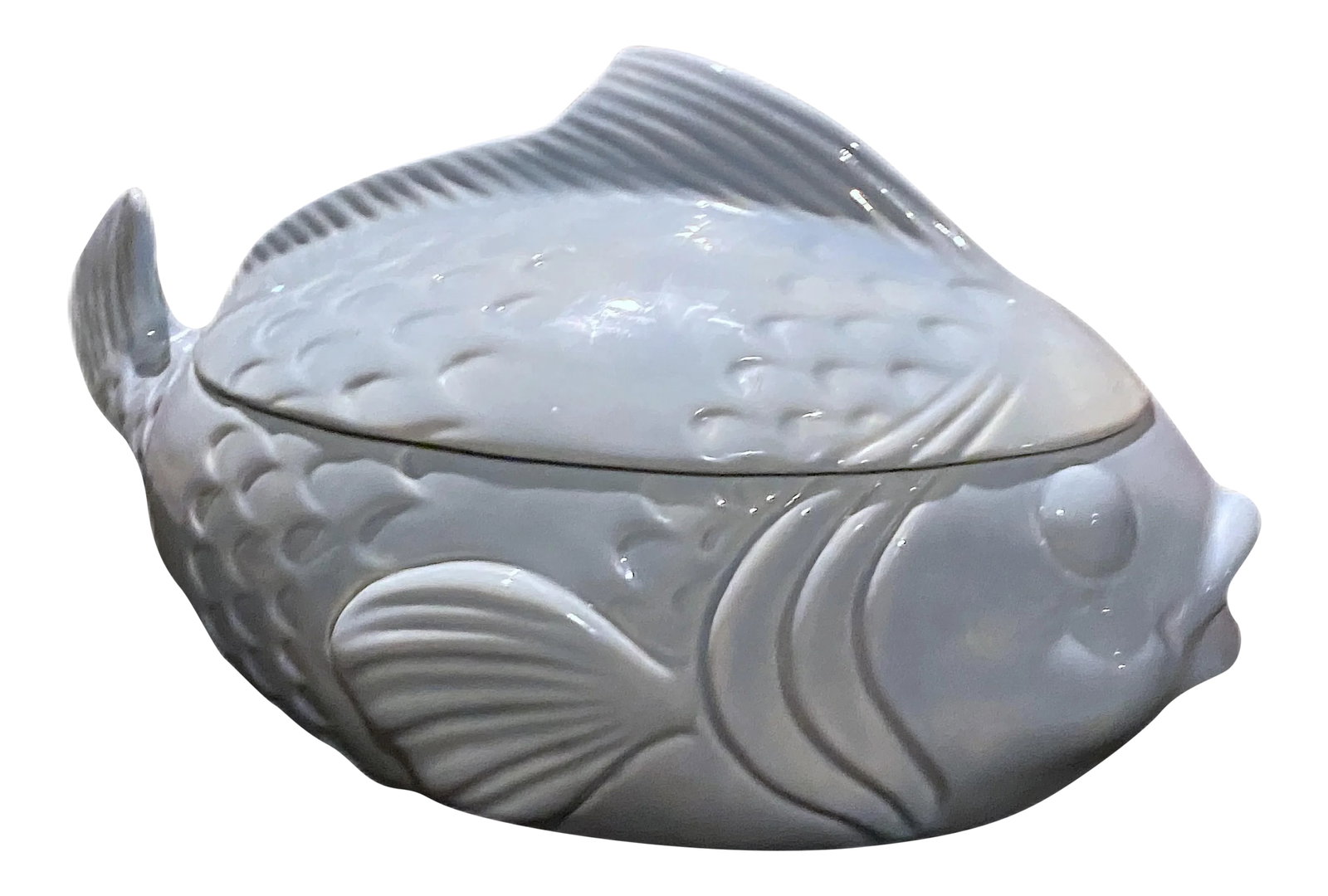 Vintage Figurative Blue Fish Lidded Serving Dish: A light blue lidded fish shaped serving dish for your consideration. I'm a sucker for anything shaped like animals or in this case sea life. This guy would look great on display or holding your