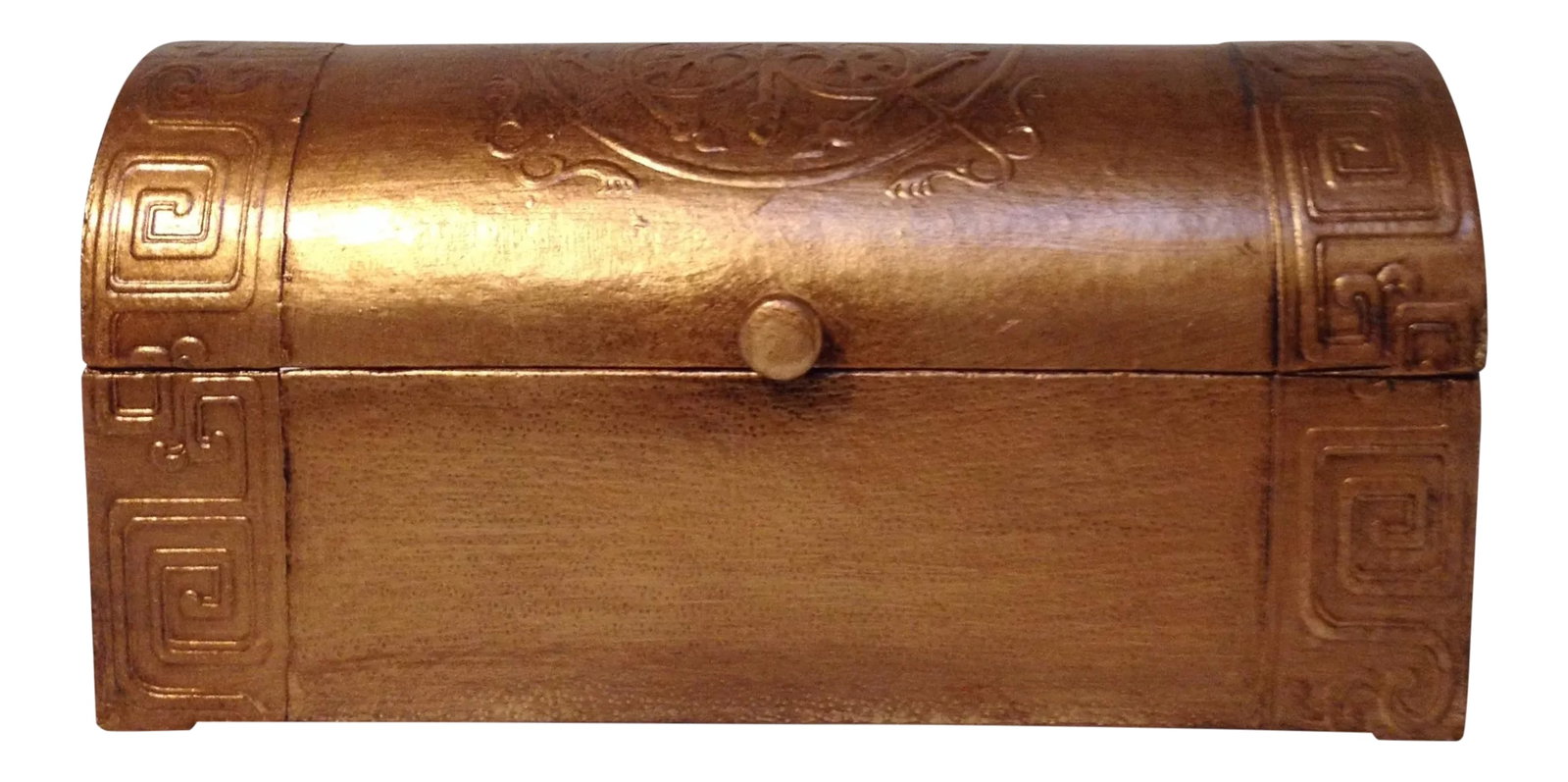 Sarreid Copper Leather Chest: Really unique embossed Chest by Sarreid. Has Metallic copper finish color Leather covering the whole chest. Feels very 'old world'. The hinges work perfectly and this piece is solid. Felt lined. Nice