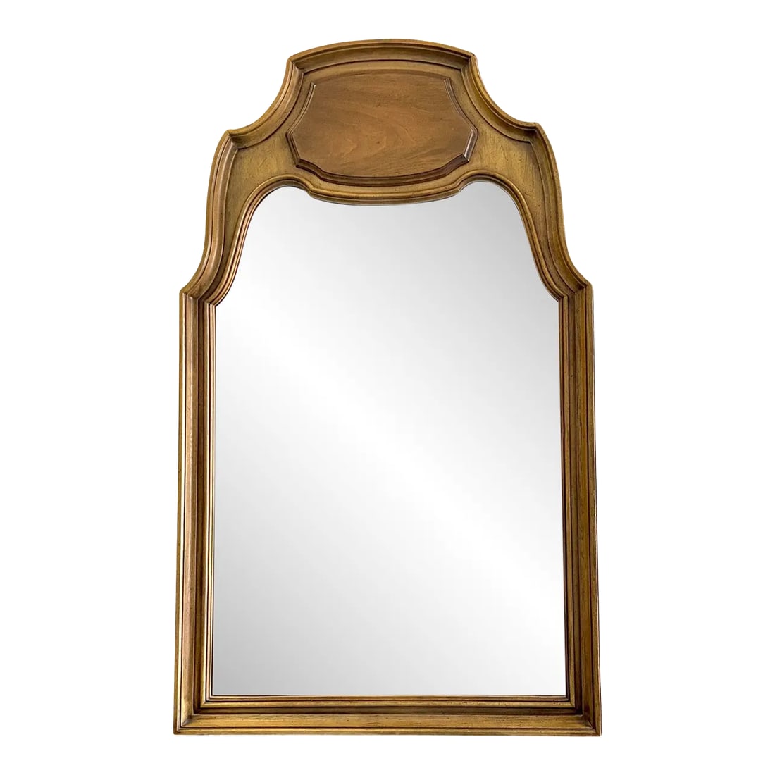 1970s Thomasville Stroupe Regency Wall Dresser Mirror: This is a pecan wood Thomasville Furniture Co. Shoupe mirror. The wood has a slight burlwood appearance. It has a lovely grain to the wood and a gorgeous regency shape. It will need mounting brackets 