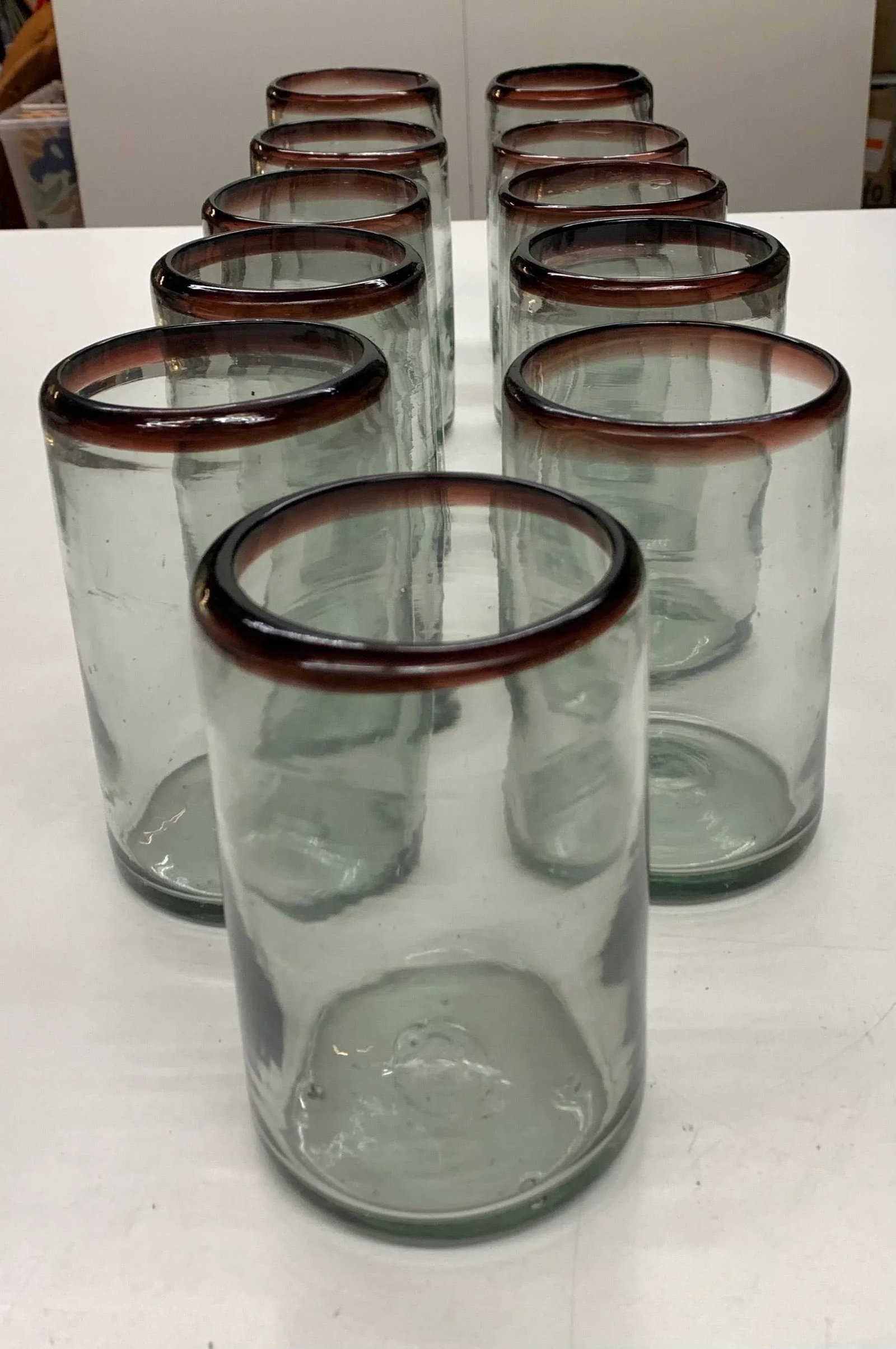 Vintage Mexican Glassware With Wine Red Trim - Set of 11 - 10