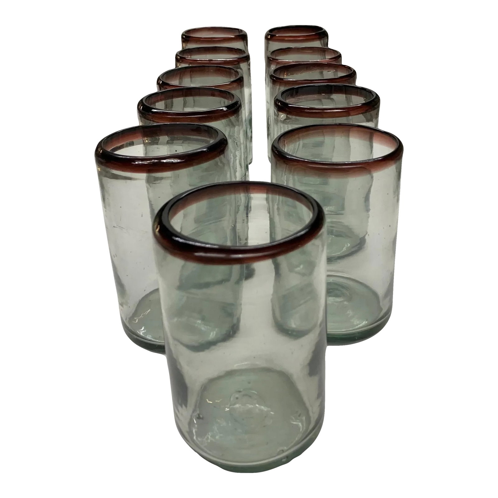 Vintage Mexican Glassware With Wine Red Trim - Set of 11: This is a glassware set of 11. They are all individually hand blown glass made in San Miguel de Allende. The drinking glasses have a wine red accent trimming the rim. Great set for any kitchen or