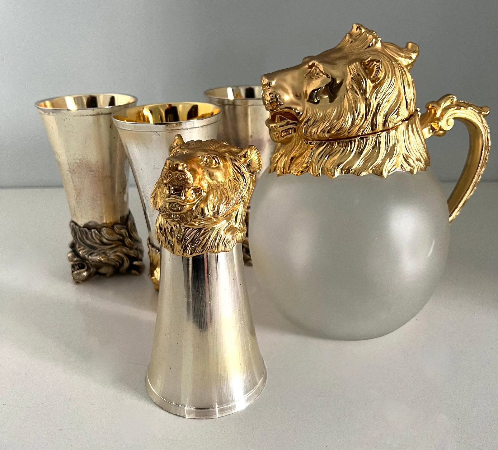 Mid 20th Century Lion Stirrup Cups with Lion Head Pitcher - Set of 5 - 10