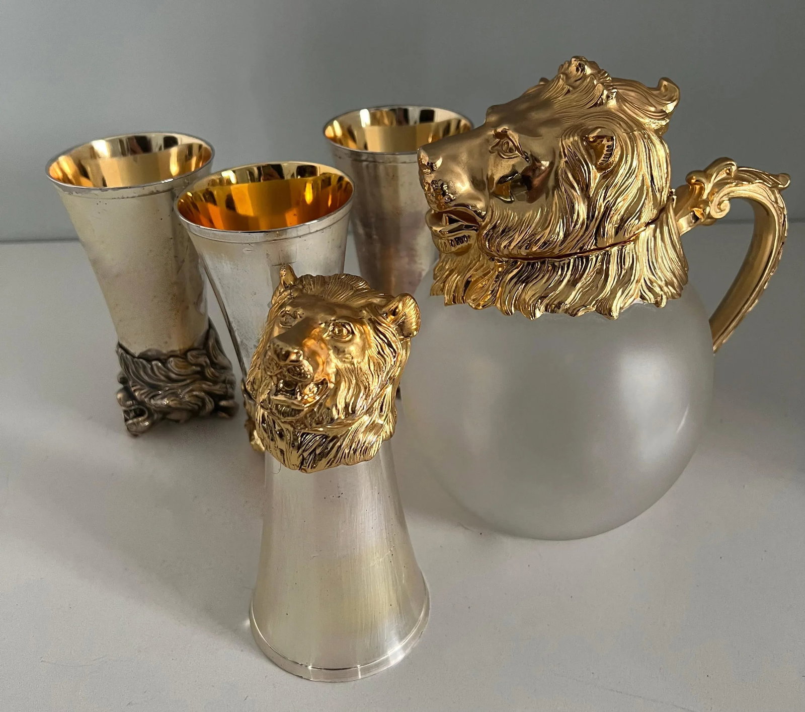 Mid 20th Century Lion Stirrup Cups with Lion Head Pitcher - Set of 5 - 11