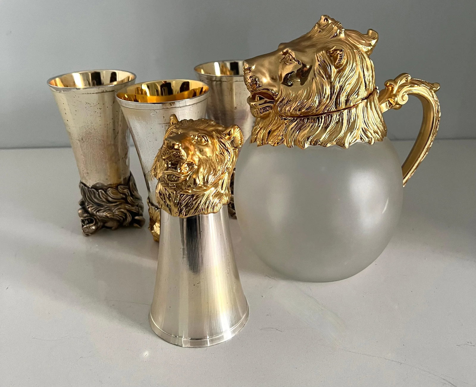 Mid 20th Century Lion Stirrup Cups with Lion Head Pitcher - Set of 5 - 12