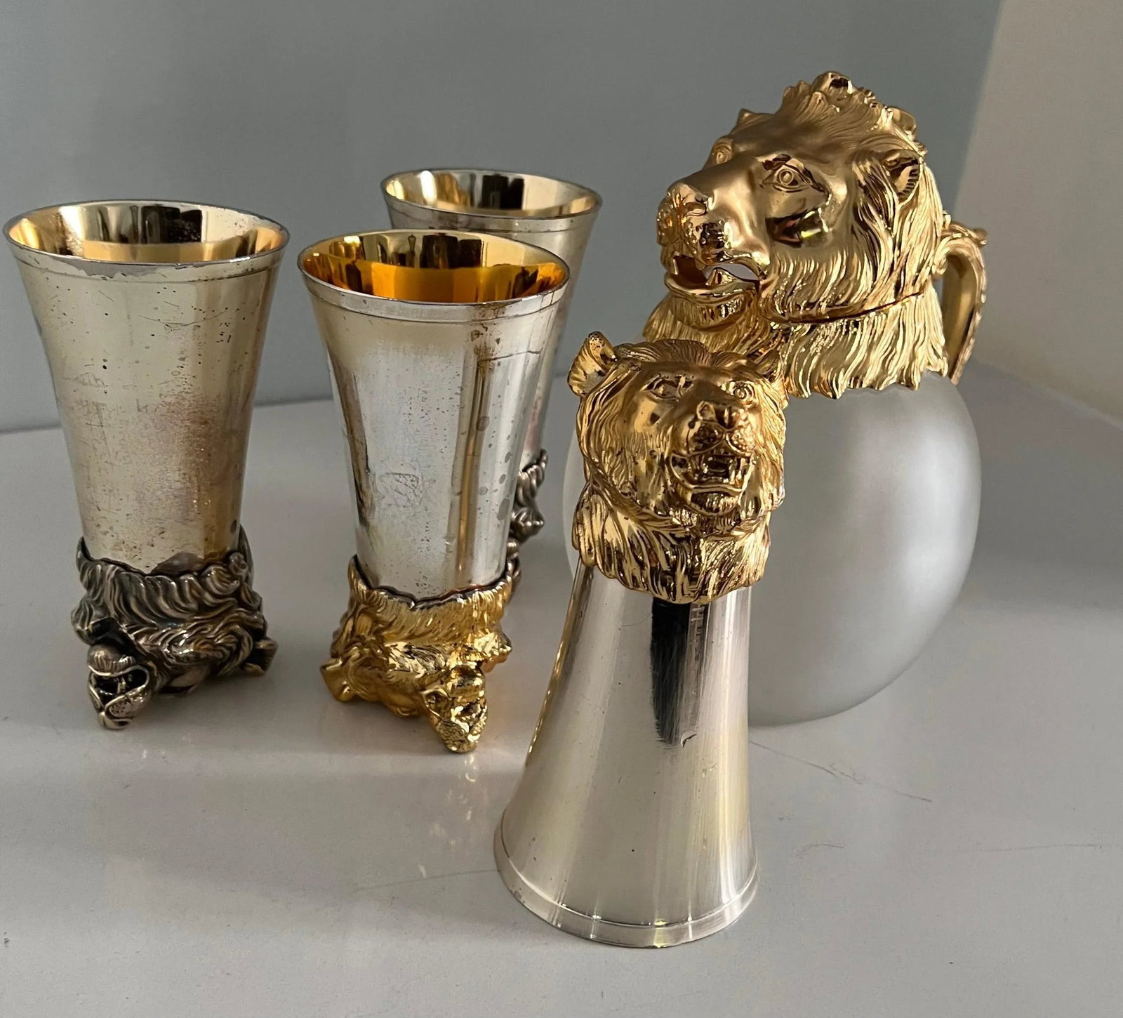Mid 20th Century Lion Stirrup Cups with Lion Head Pitcher - Set of 5 - 2