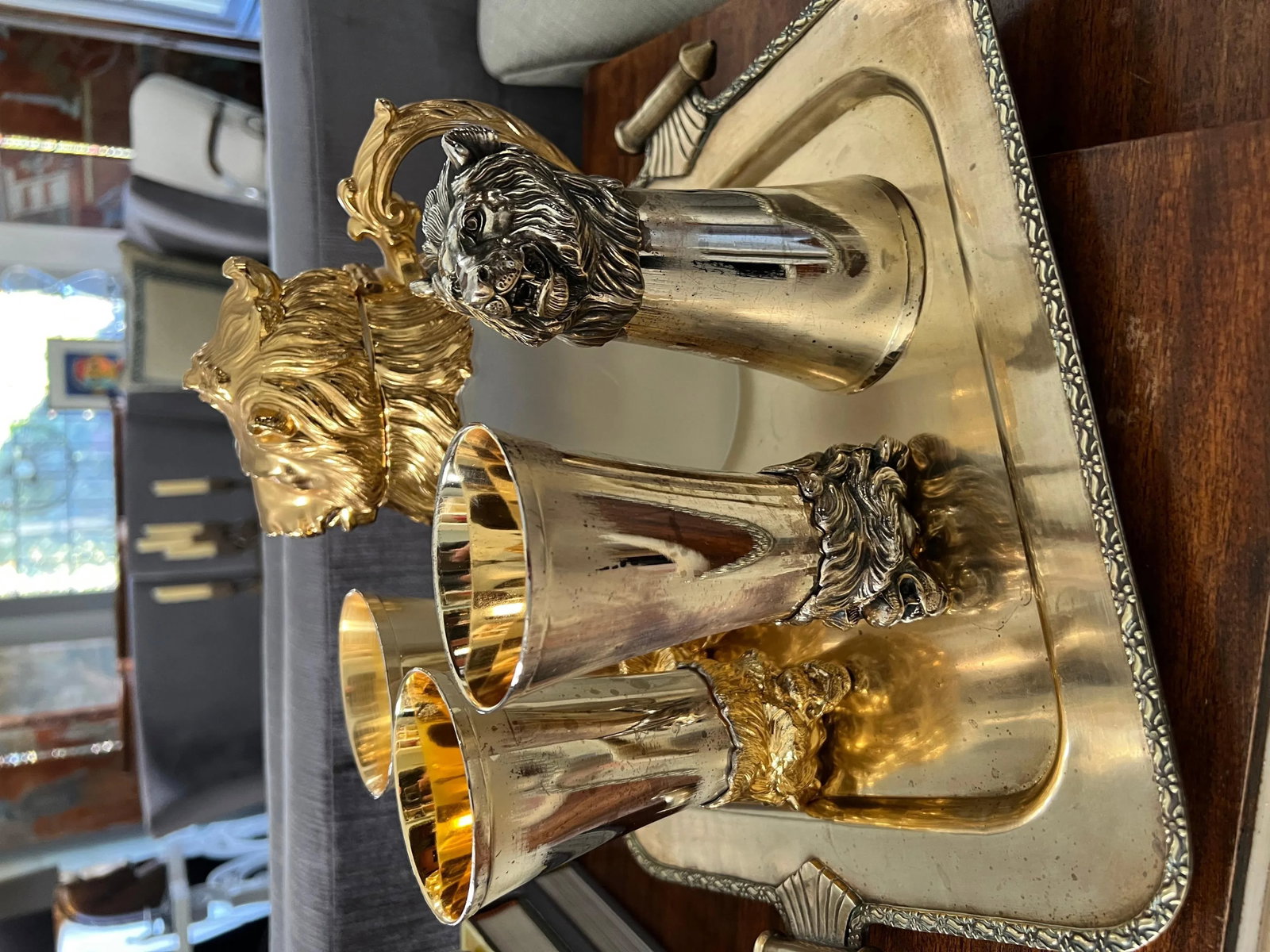 Mid 20th Century Lion Stirrup Cups with Lion Head Pitcher - Set of 5 - 3