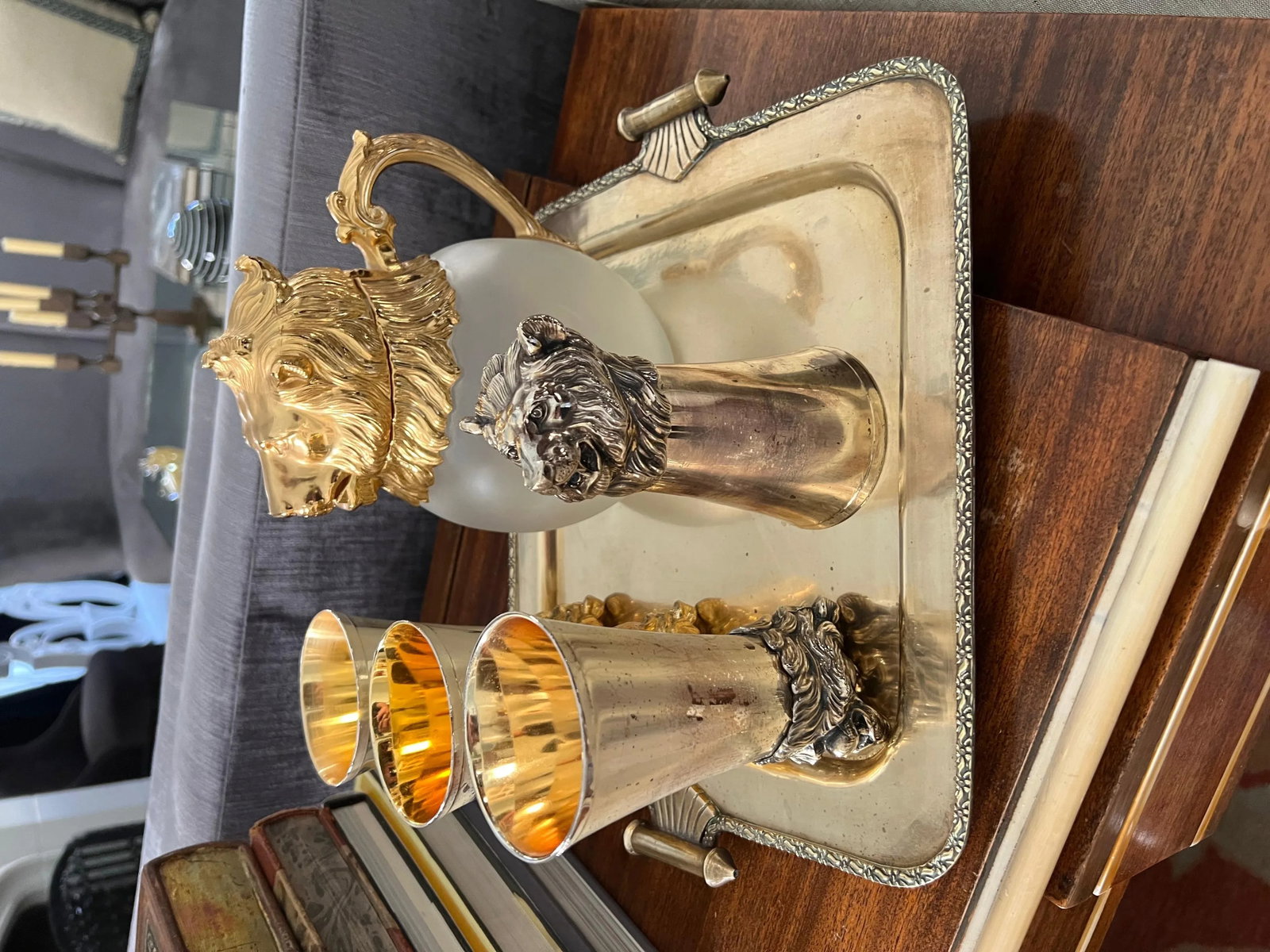 Mid 20th Century Lion Stirrup Cups with Lion Head Pitcher - Set of 5 - 7