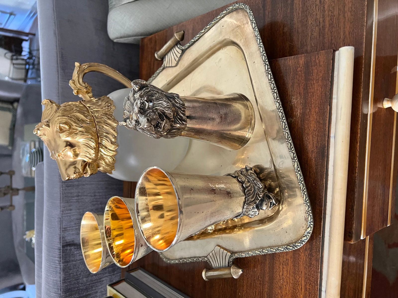 Mid 20th Century Lion Stirrup Cups with Lion Head Pitcher - Set of 5 - 8