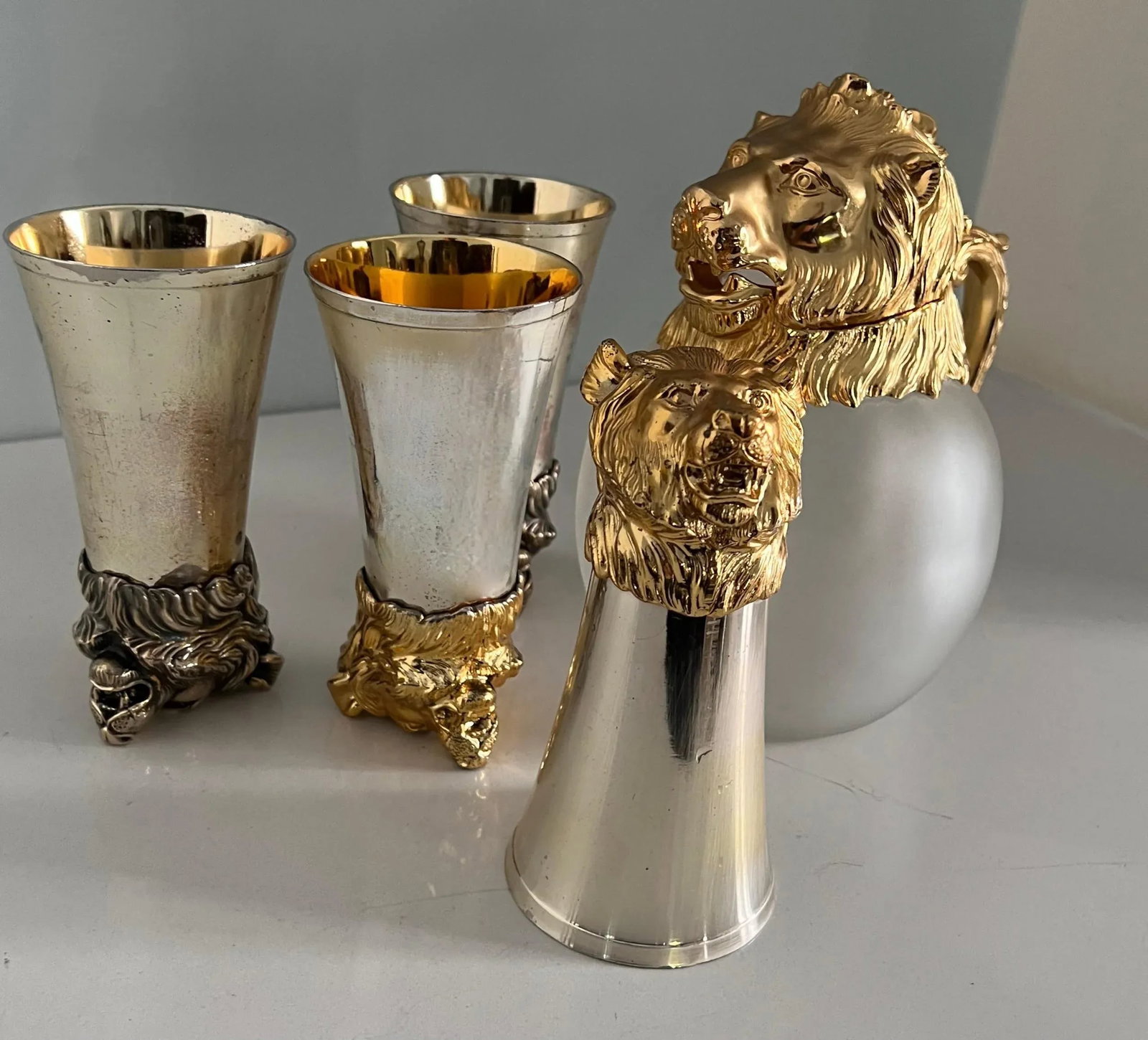 Mid 20th Century Lion Stirrup Cups with Lion Head Pitcher - Set of 5 - 9