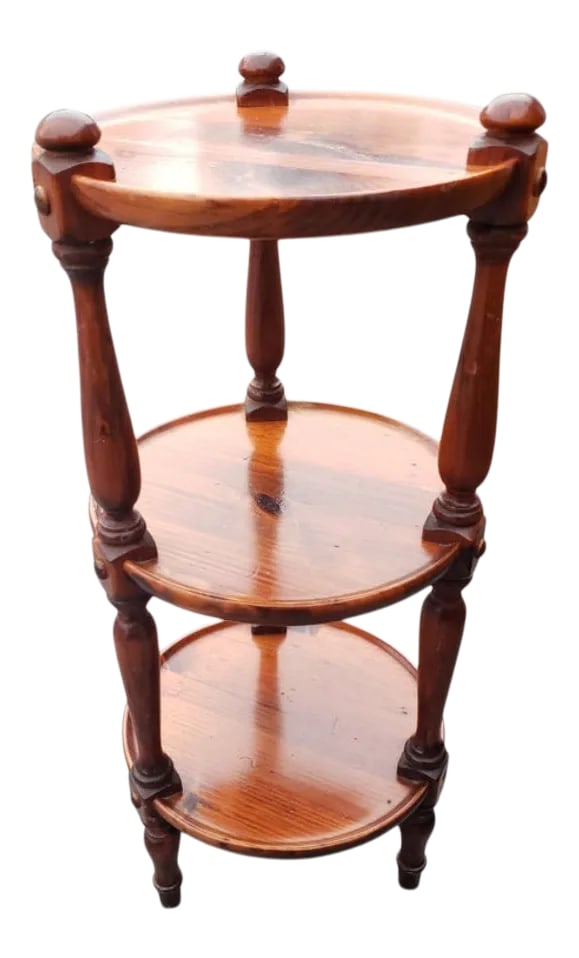 Ethan Allen Old Tavern Collection Pine 3 Tier Stand Etagere Table, Circa 1970s: Ethan Allen Old Tavern Collection Pine 3 tier Plant Stand Table, Circa 1970s. Solid pine finished thoroughly. Very good vintage condition. Measures 12" in diameter and 28" in height. Shelf clearance