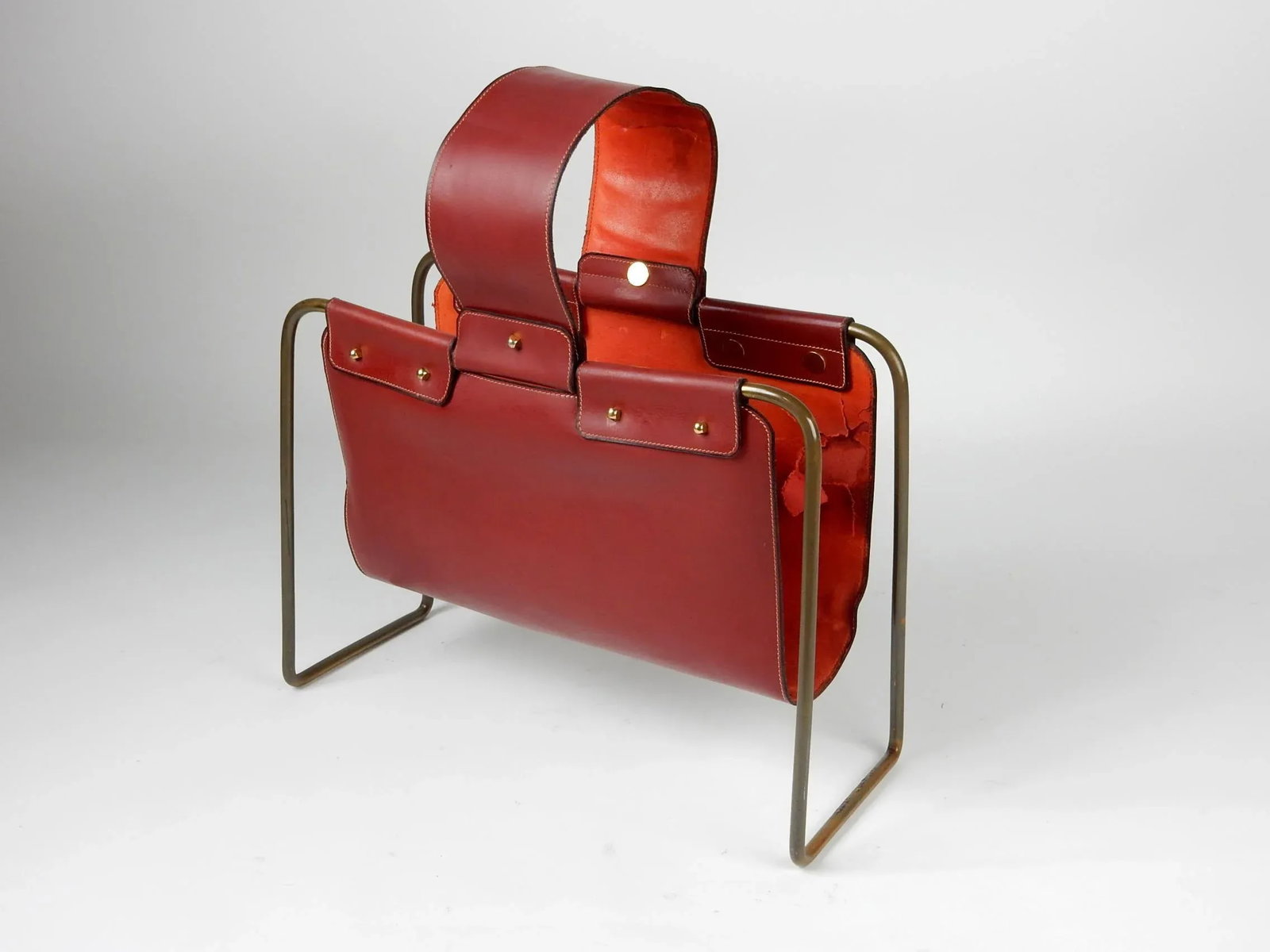 1950s Leather and Bronze Magazine Holder Stand - 4
