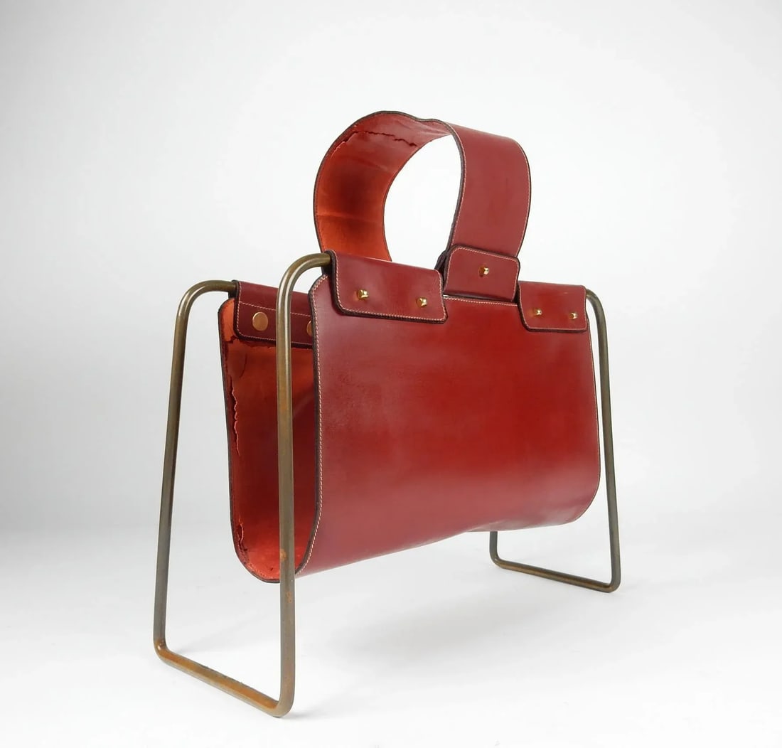 1950s Leather and Bronze Magazine Holder Stand - 7