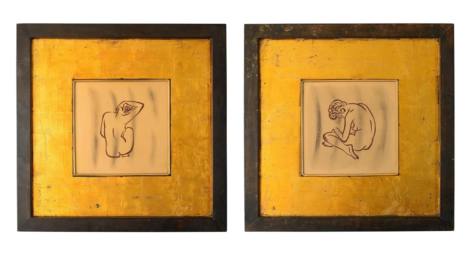 Modernist Style Female Nude Art With Gold Leaf on Metal Wall Hangings, Framed - a Pair - 13