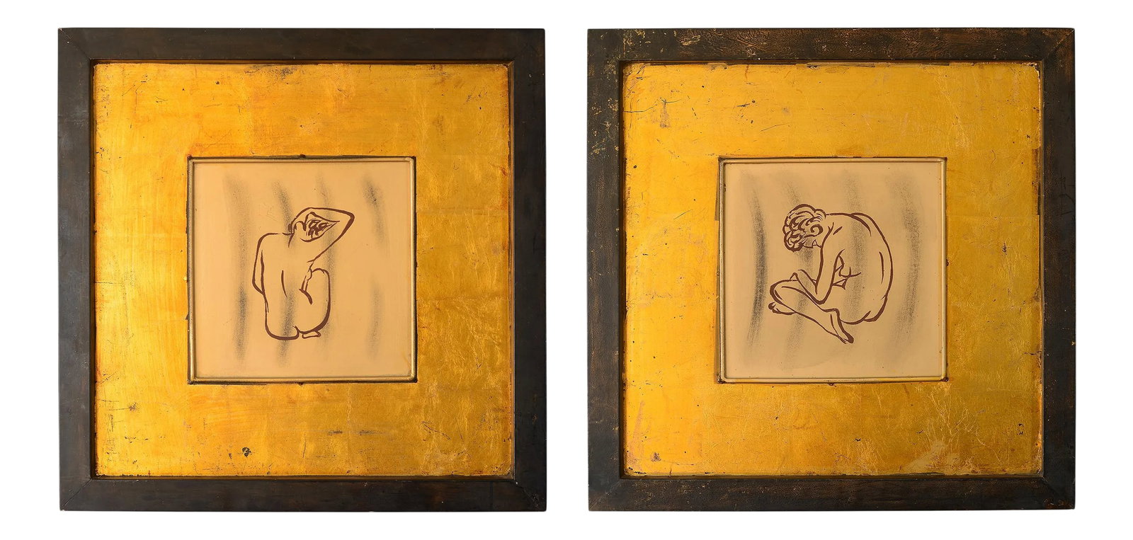 Modernist Style Female Nude Art With Gold Leaf on Metal Wall Hangings, Framed - a Pair: Gorgeous pair of gold leaf metal wallhangings featuring modernist female nude art. These are very beautiful classic female nude poses typical of modern art paintings. The wallhangings are entirely han