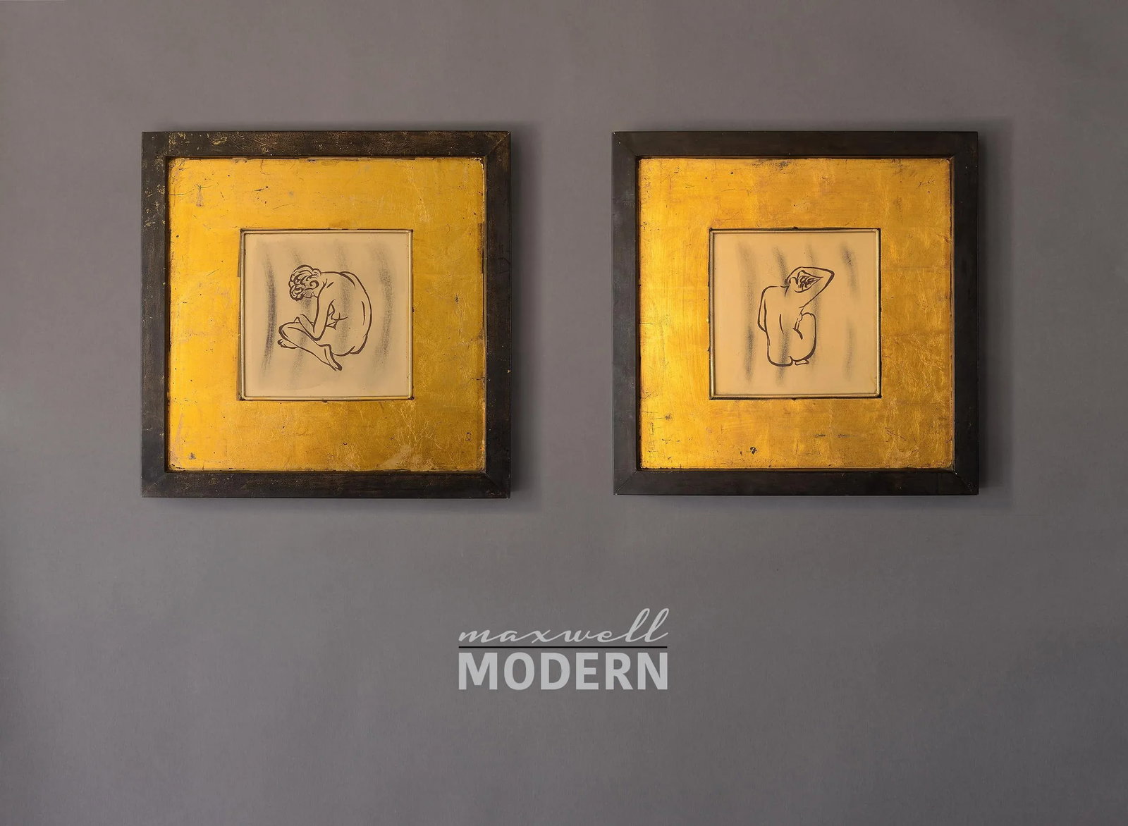 Modernist Style Female Nude Art With Gold Leaf on Metal Wall Hangings, Framed - a Pair - 2