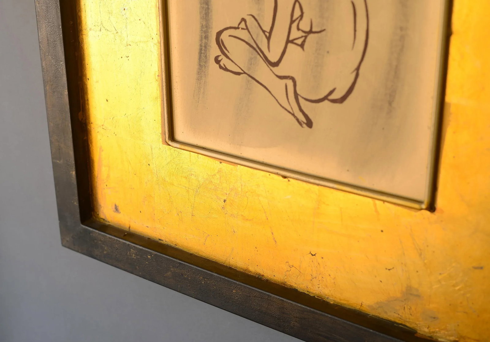 Modernist Style Female Nude Art With Gold Leaf on Metal Wall Hangings, Framed - a Pair - 8