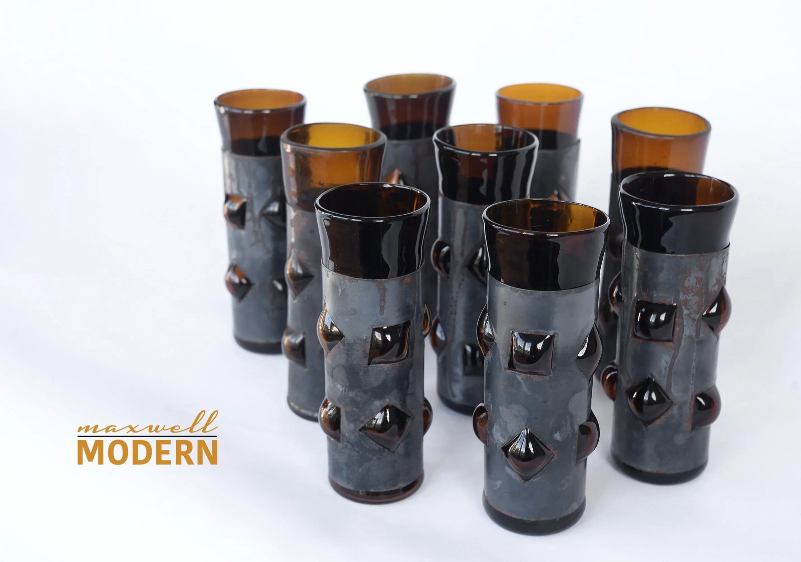 Mid Century Felipe Derflingher Brutalist Amber Imprisoned Glasses Tumblers - Set of 9 - 2