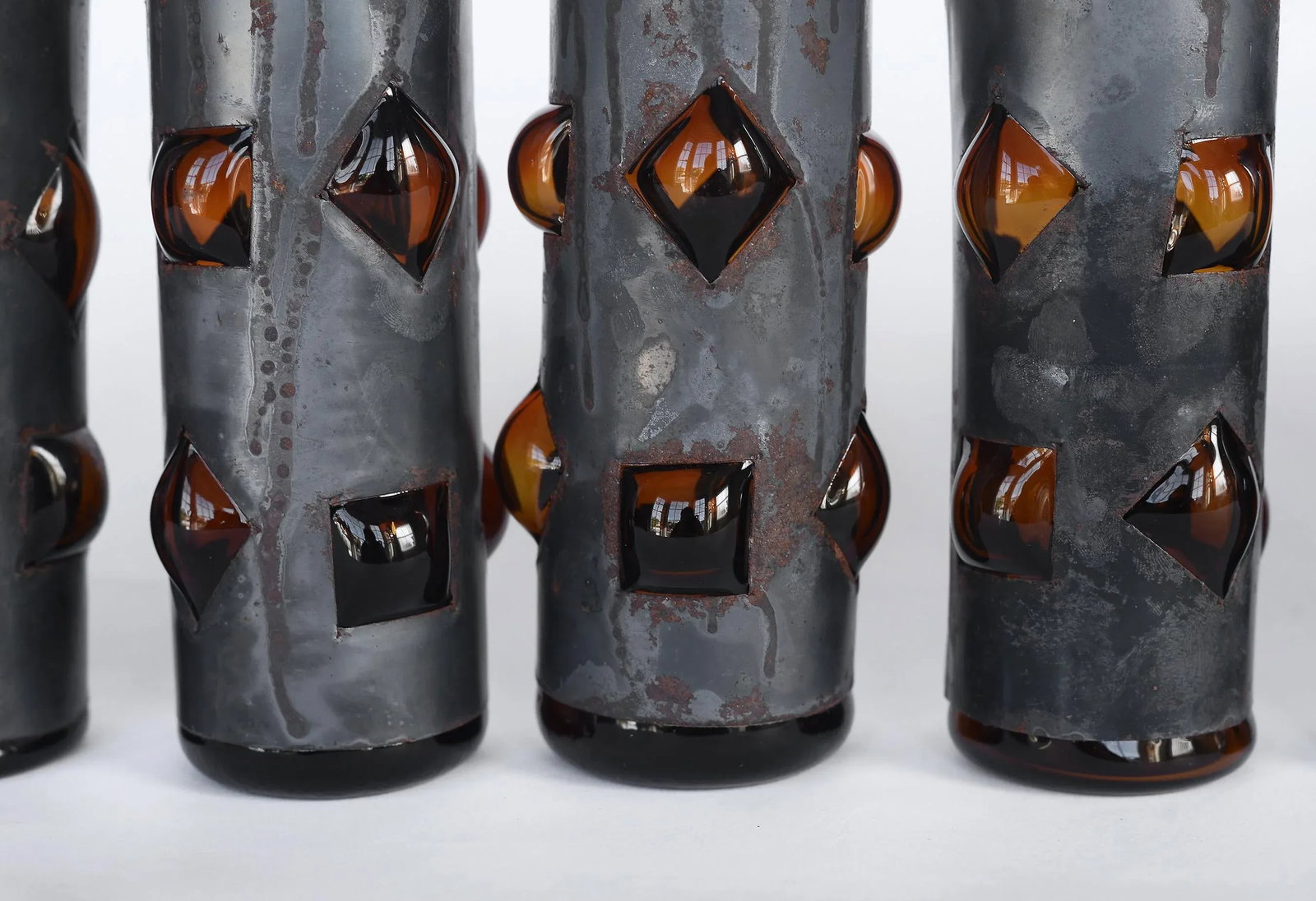 Mid Century Felipe Derflingher Brutalist Amber Imprisoned Glasses Tumblers - Set of 9 - 3