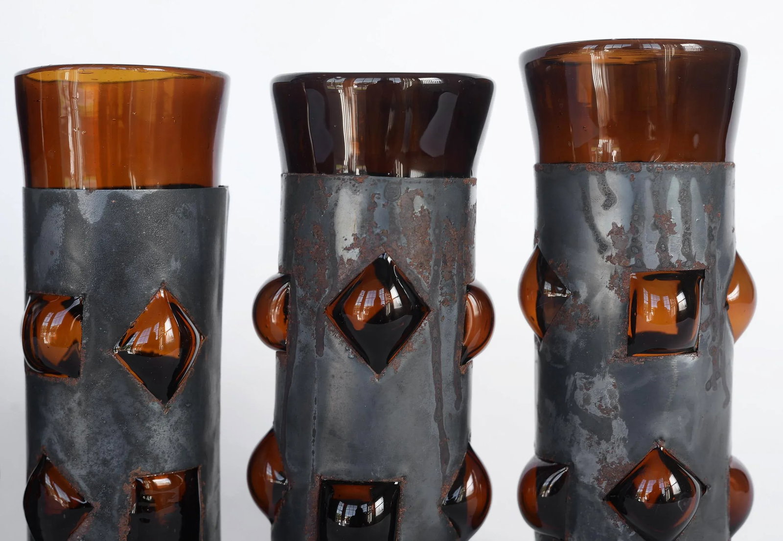 Mid Century Felipe Derflingher Brutalist Amber Imprisoned Glasses Tumblers - Set of 9 - 4
