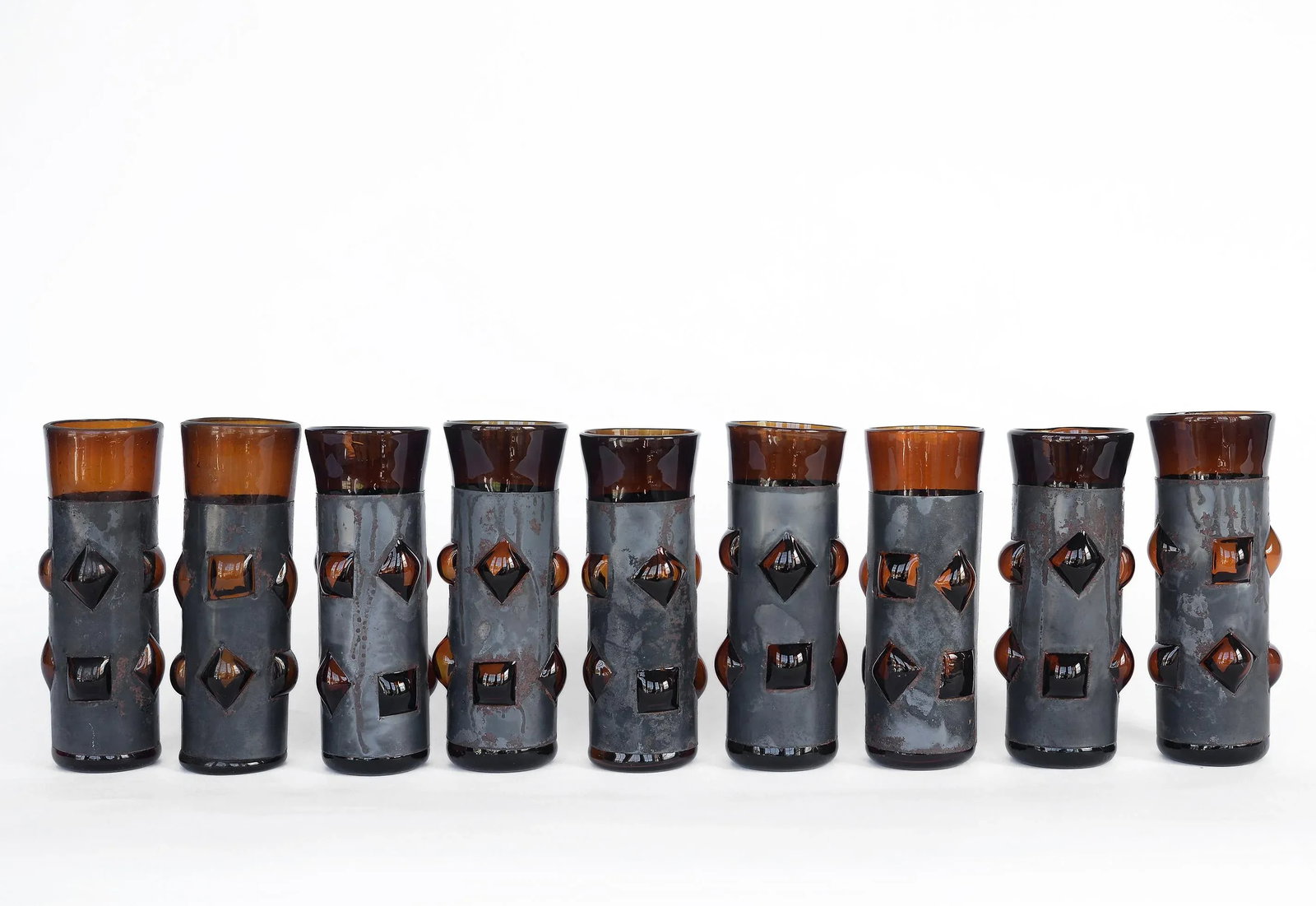 Mid Century Felipe Derflingher Brutalist Amber Imprisoned Glasses Tumblers - Set of 9 - 8