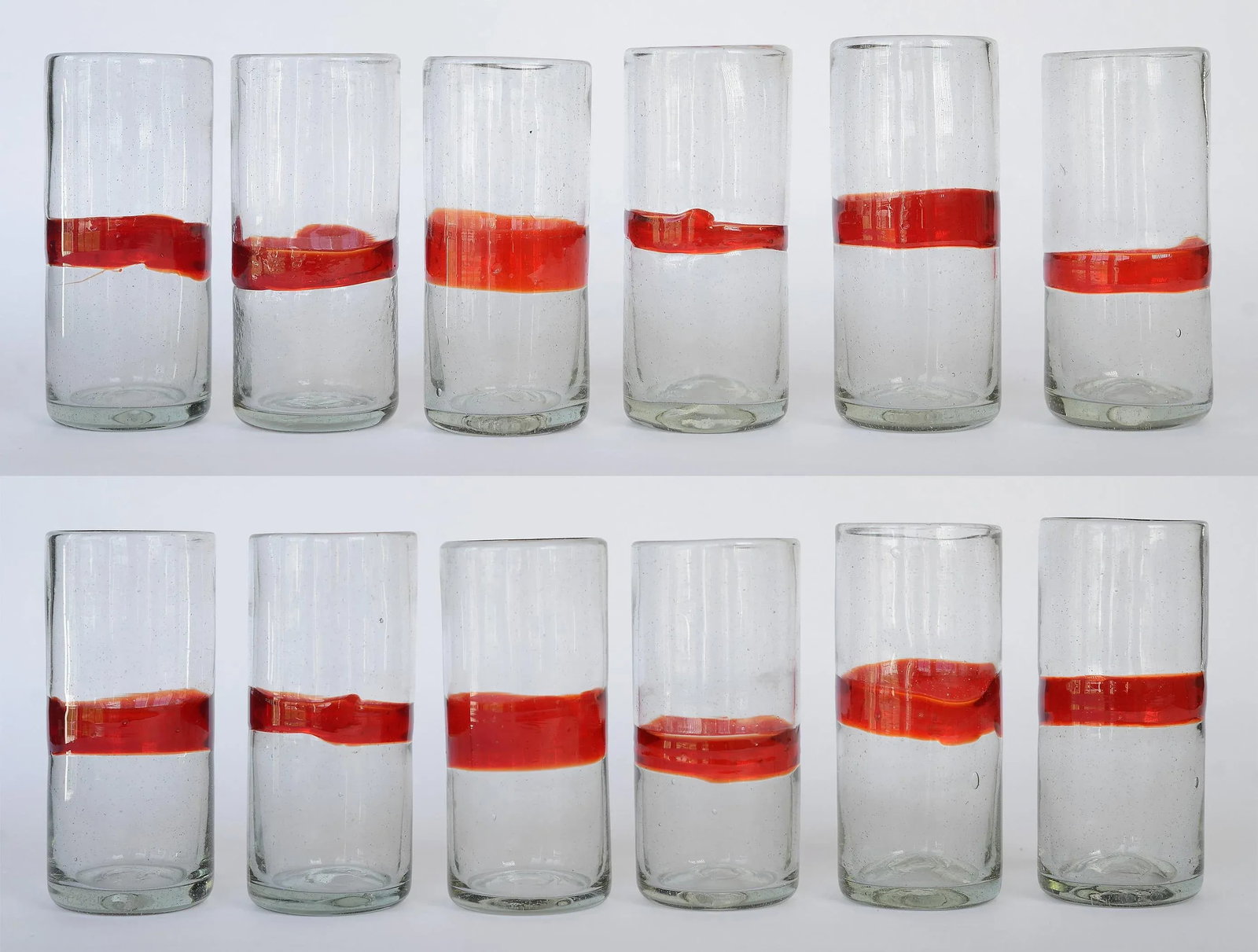 Vintage Mexican Red Band Hand Blown Glasses Tumblers Highballs - Set of 12 - 11