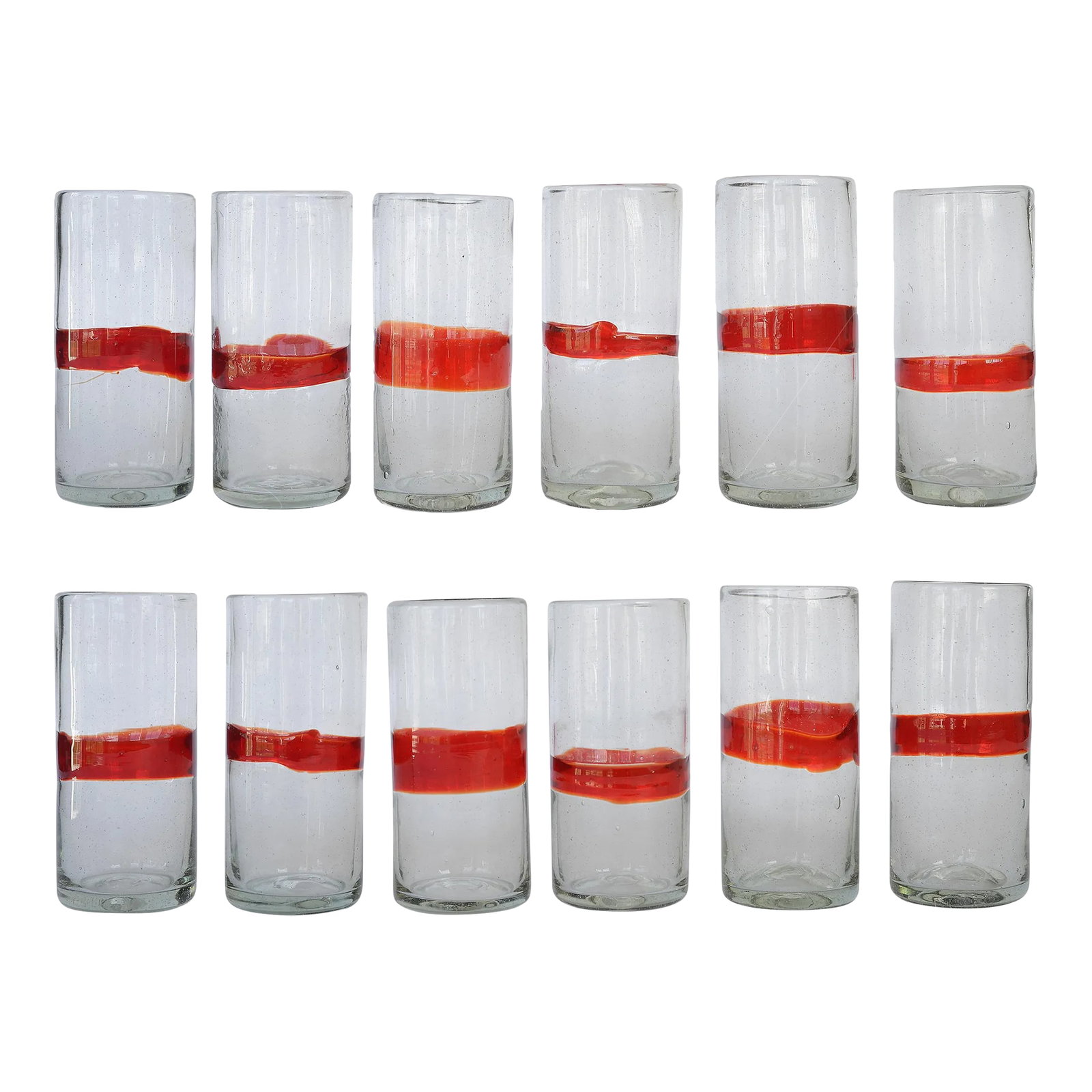 Vintage Mexican Red Band Hand Blown Glasses Tumblers Highballs - Set of 12: Exquisite set of 12 vintage tumblers with a striking red band from Mexico. These are perfect for the holidays especially Christmas! These glasses do vary a little bit in size, color and thickness beca