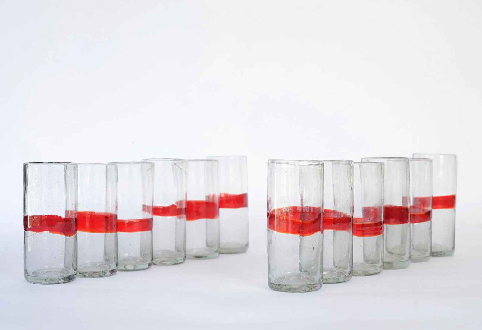 Vintage Mexican Red Band Hand Blown Glasses Tumblers Highballs - Set of 12 - 3