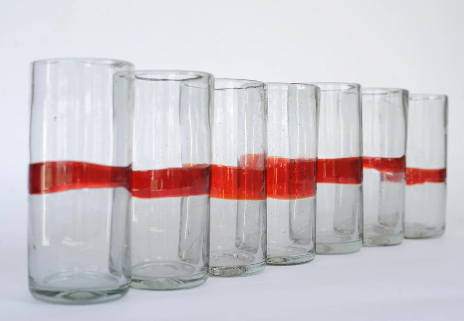 Vintage Mexican Red Band Hand Blown Glasses Tumblers Highballs - Set of 12 - 6