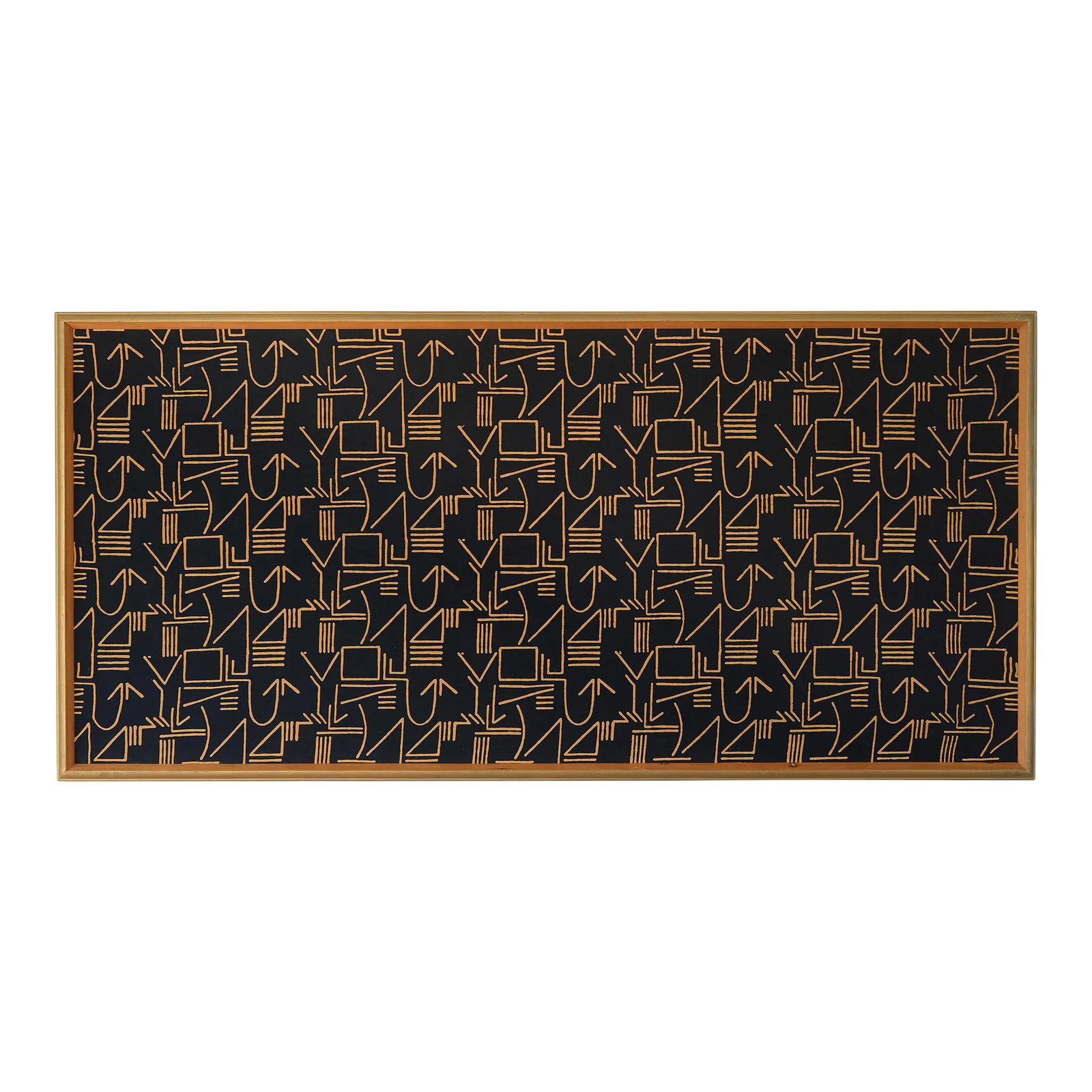 Large Vintage Modernist Abstract Graphic Line Pattern Textile Art Wall Hanging, Framed: Incredible vintage large scale horizontal framed textile art wall hanging with a modernist abstract graphic line pattern. Light orange pattern is printed on thin cotton fabric against a black backgrou